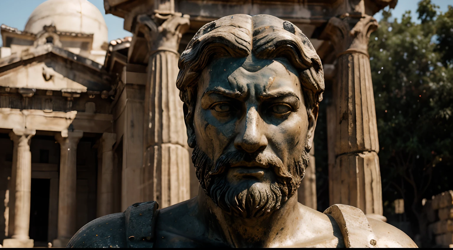 Ancient Stoic Statue With Very Angry Expression, tem barba, muitos detalhes em ambos os olhos, Outside, fundo atenas grego, open sky, com rosto extremamente detalhado full body view, Colors with low saturation with dark tone, Filmado em Sony A7S III com Sony FE 35mm f/1.8, 12.1 MP, --AR 3:2 --estilo cru