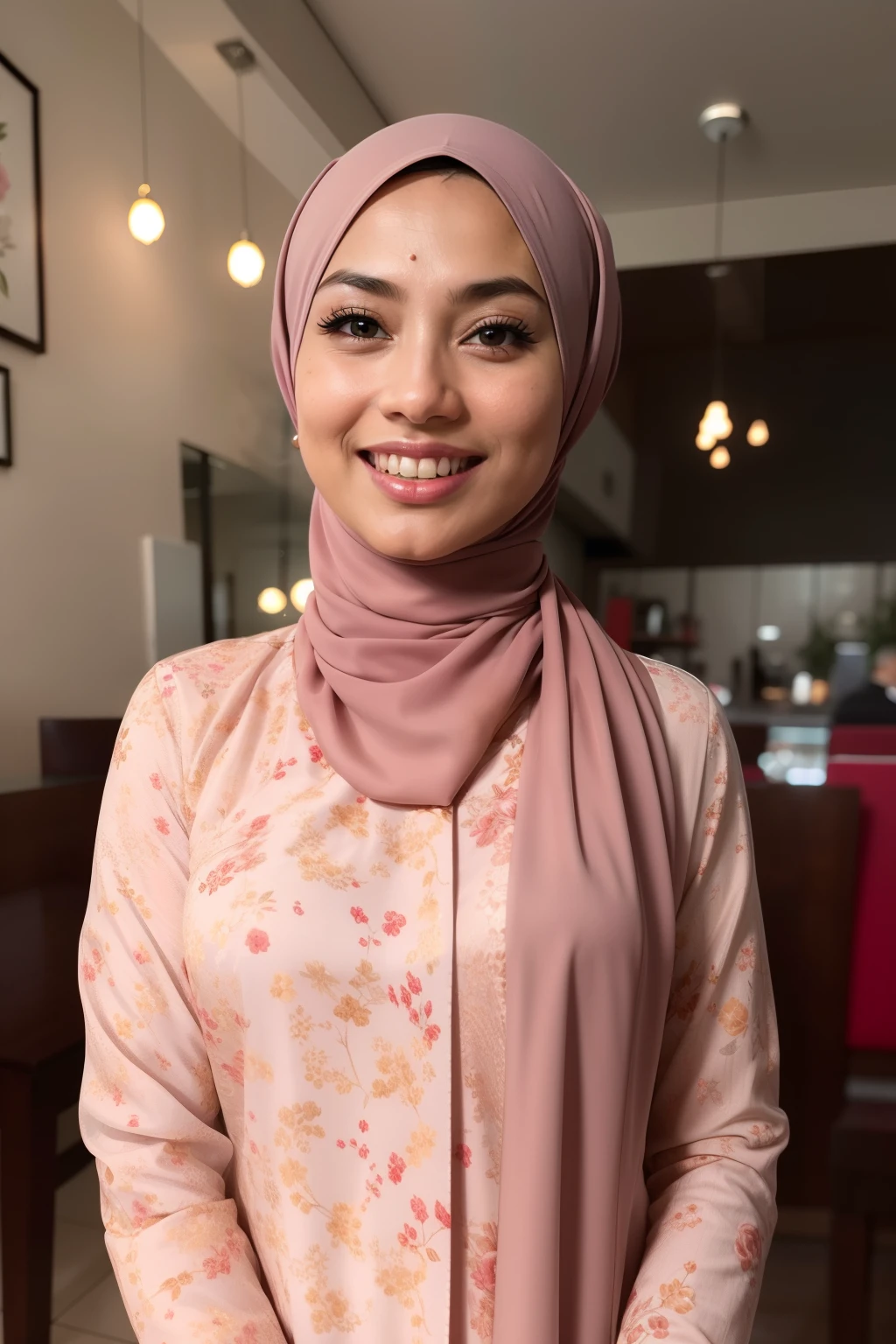 Masterpiece:1.2, high quality, best quality, high resolution, detailed, hyper realistic, 1 malay girl, wear baju kurung, big breast, wide angle photo, brown eyes, head tilt, sunset, birds flying, strawberry plant, Portrait, smile, showing teeth, (detailed face), ((sharp focus)), ((face)), upper body, mid shot portrait,