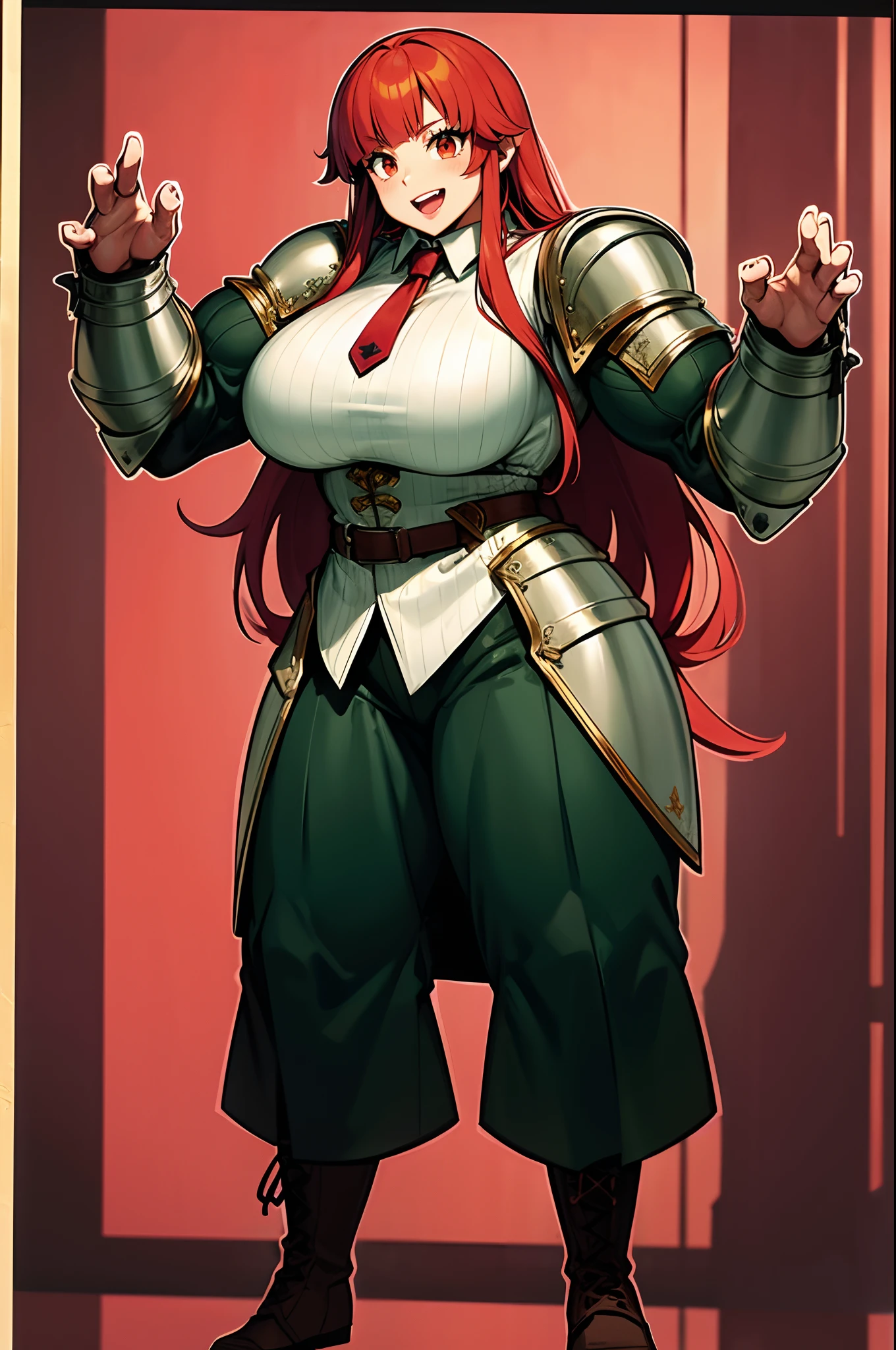 tomboy, warrior, berserker, tall female, muscular female, living hair, sauvage,, medieval clothing, fantasy, fantasy weapon, huge breasts, barbarian pants, , combat boots, armor, red hair, crazy smile, open mouth, biceps, necktie, thick arms,pullover, solo focus, long hair, , crazy smile, long hair, pants, noble cloths, noble clothing, french cloths, very long hair, BOOTS, full body, pink lips, hime cut, full body