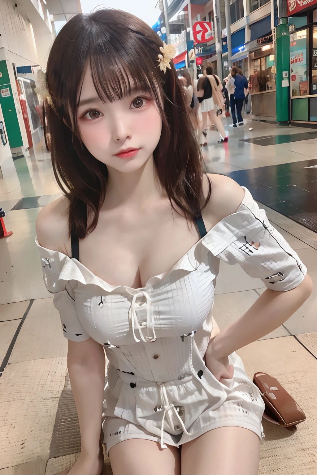 nffsw, retinas, masutepiece, ccurate, Anatomically correct, Textured skin, Super Detail, high details, High quality, awardwinning, Best Quality, hight resolution, 4K,randome pose,(8K、RAW Photos、top-quality、masterpiece:1.2)、(realisitic、Photorealsitic:1.37)、1人、japanes、25-years old、femele、A city scape、a street、blurry backround、(realperson、a picture)、high key lighting、Studio Lighting、face lights、photon maping、Radio City、(full body Esbian)、dark brown hair、详细的脸、Detailed lips、detailedeyes、More skin、二重まぶた、(huge-breasted:1.4)、(off shoulder shirt)、a miniskirt、(no brassiere)、(no panty)、Exposed cleavage、exposed shoulder、Thigh exposure、seminude、(cammel toe)、perfectbody、shinny skin、open one's legs、smirking face、dynamicposes、Make eye contact with the camera