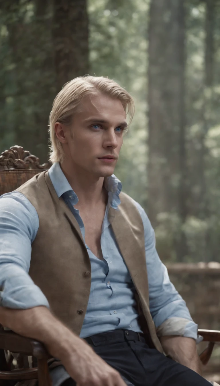 blonde hair blue eyed man tied to a chair, 8k, ultra detailed, high res, cinematic, cinematic scene from film, suspence, thriller, violence