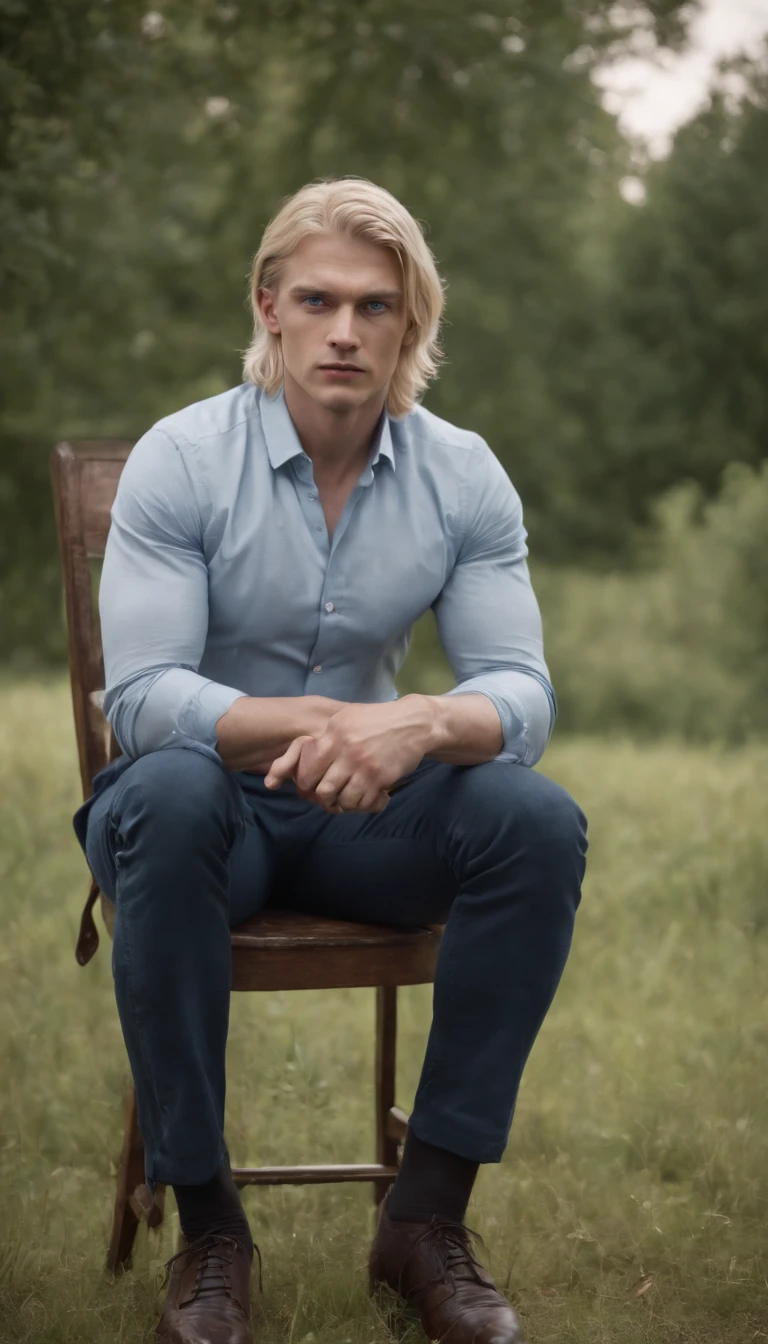blonde hair blue eyed man tied to a chair, 8k, ultra detailed, high res, cinematic, cinematic scene from film, suspence, thriller, violence