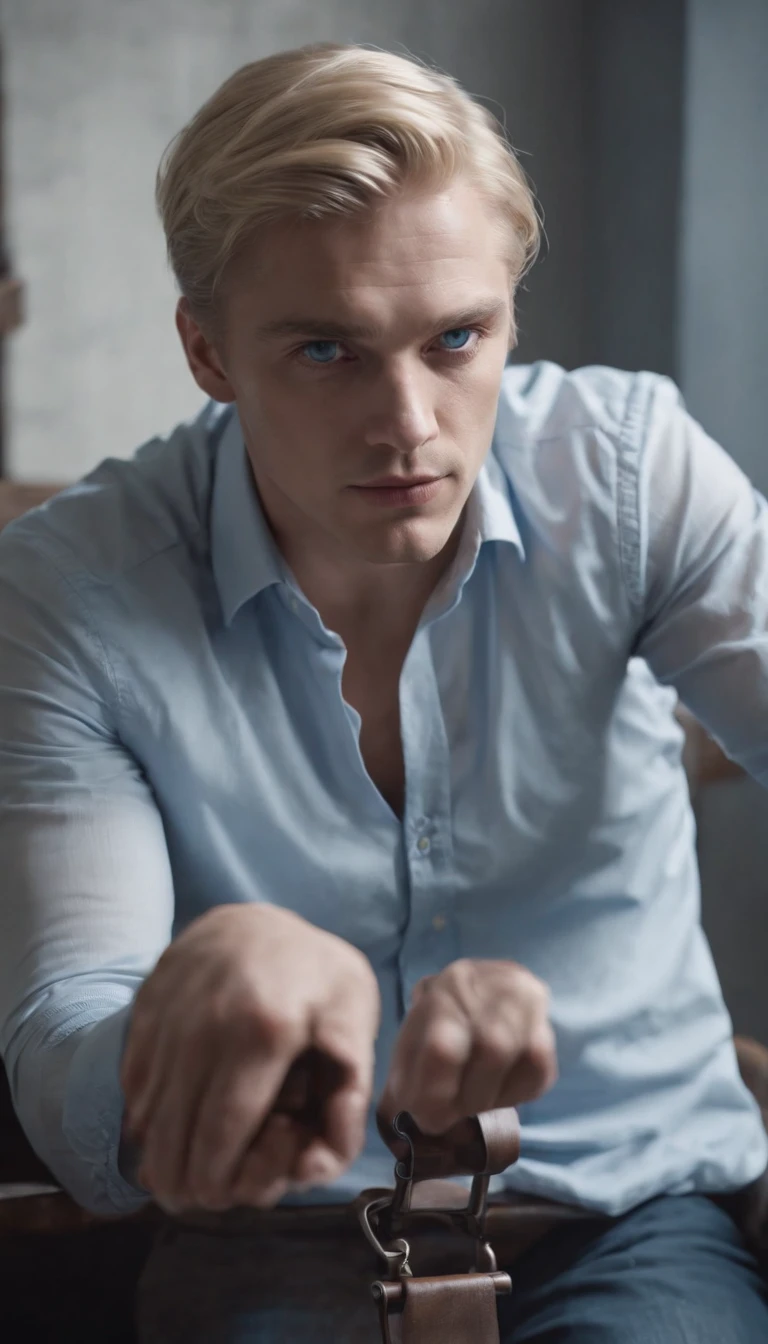blonde hair blue eyed man tied to a chair, 8k, ultra detailed, high res, cinematic, cinematic scene from film, suspence, thriller, violence