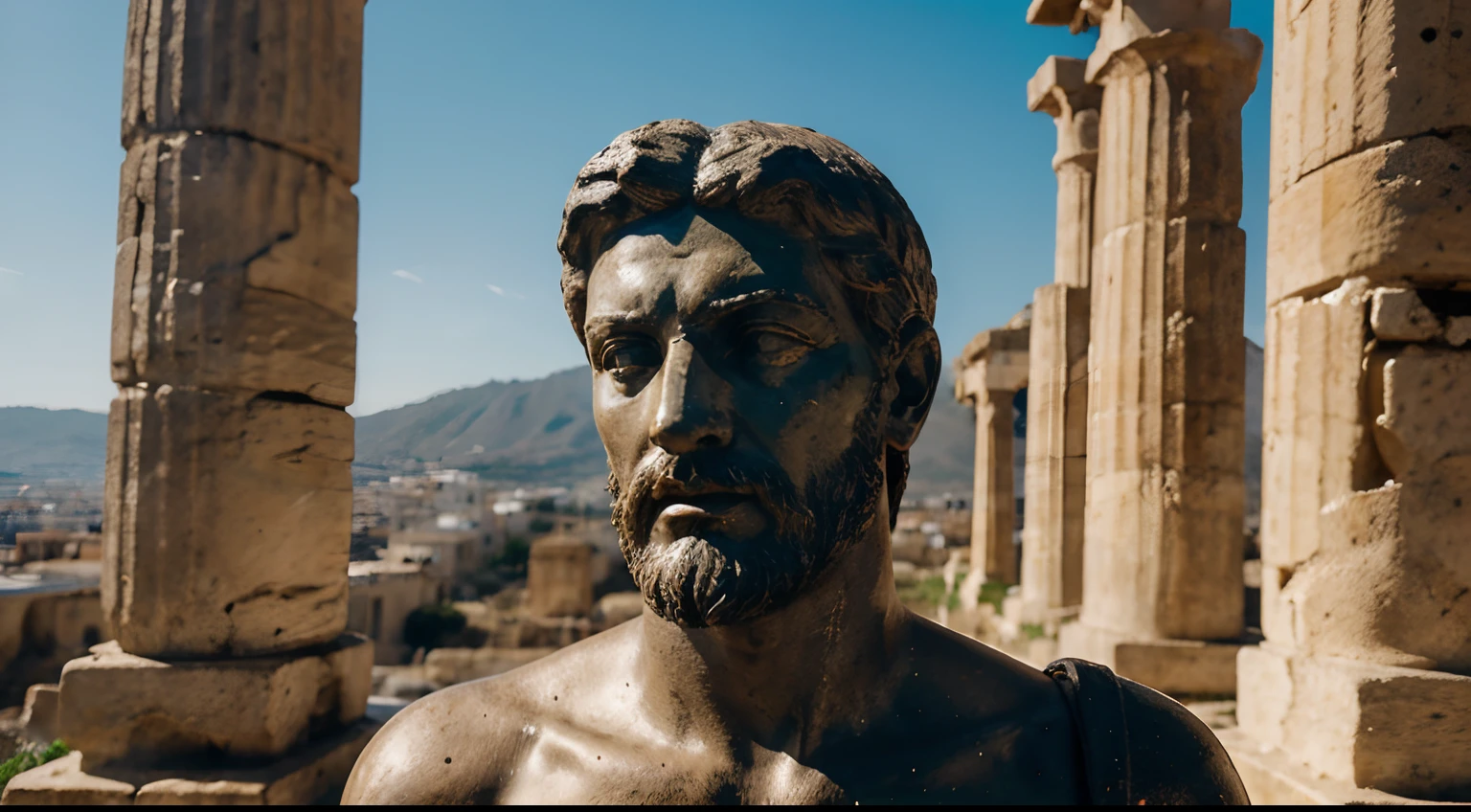 Ancient Stoic Statue With Very Angry Expression, tem barba, muitos detalhes em ambos os olhos, Outside, fundo atenas grego, open sky, com rosto extremamente detalhado full body view, Colors with low saturation with dark tone, Filmado em Sony A7S III com Sony FE 35mm f/1.8, 12.1 MP, --AR 3:2 --estilo cru