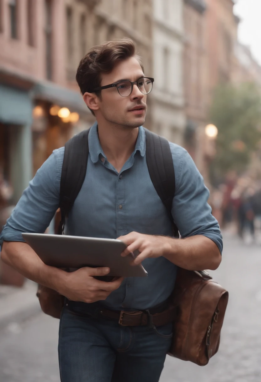 creates a Disney Pixar movie, where the Computer Man comes out carrying a fearful laptop on a street with many mens zombies hyper-realistic hyper-detailed masterpiece 8k