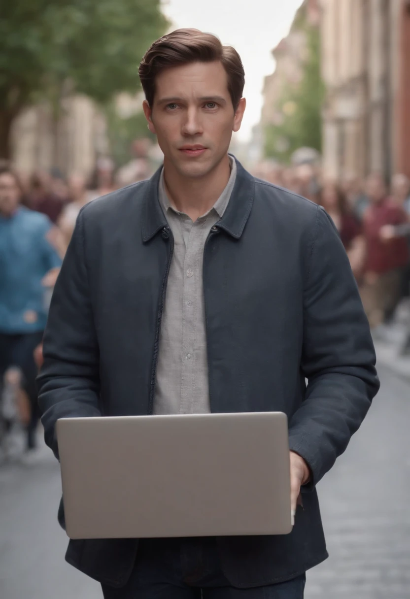 creates a Disney Pixar movie, where the Computer Man comes out carrying a fearful laptop on a street with many mens zombies hyper-realistic hyper-detailed masterpiece 8k