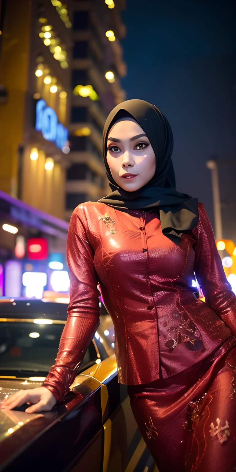 1 matured malay girl in hijab wear kebaya, kuala lumpur street, kuala lumpur cityscape, nighttime, neon city lights, upper body, seducing, sexy pose, cinematic, dramatic effect, dramatic lighting, serious face, (8k, RAW photo, best quality, masterpiece:1.2),(realistic, photo-realistic:1.37),