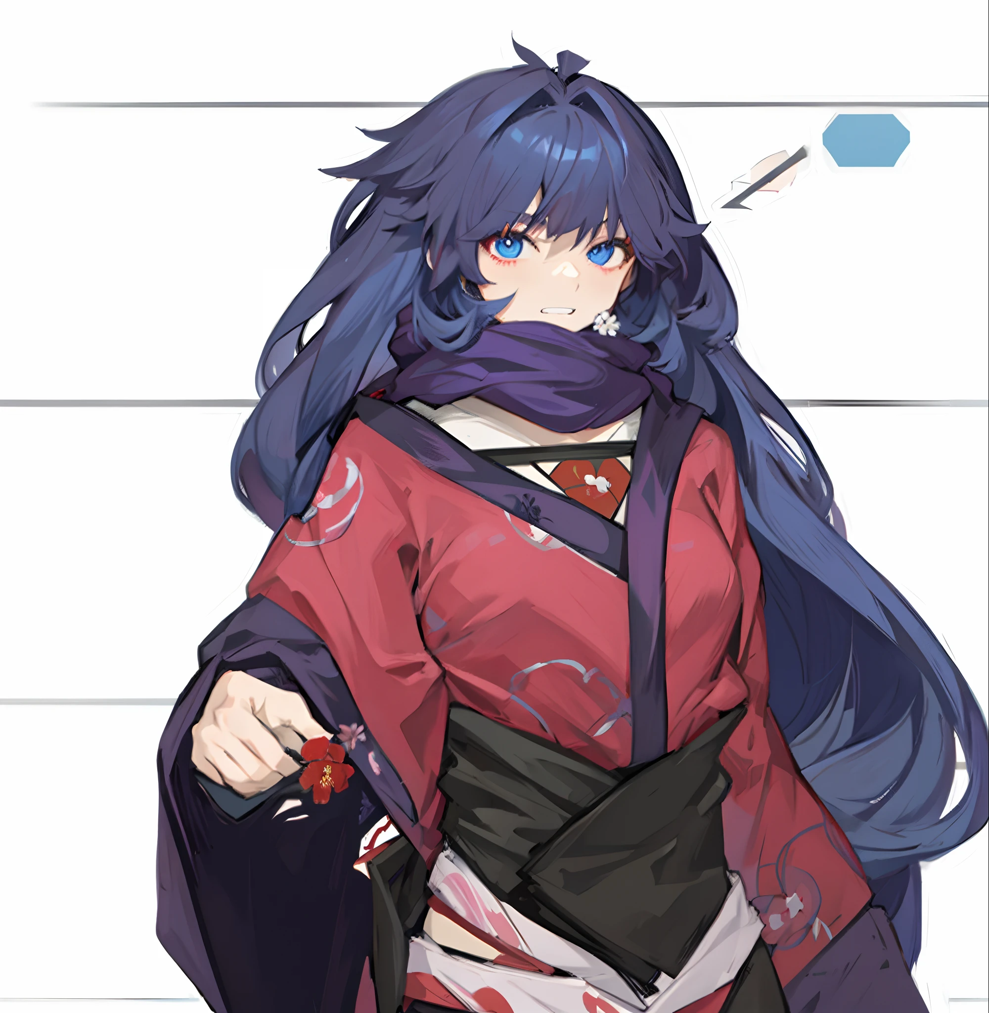 anime character with a large amount of hair and a red Kimono shirt, purple scarf, flowers, dark blue hair, blue eyes