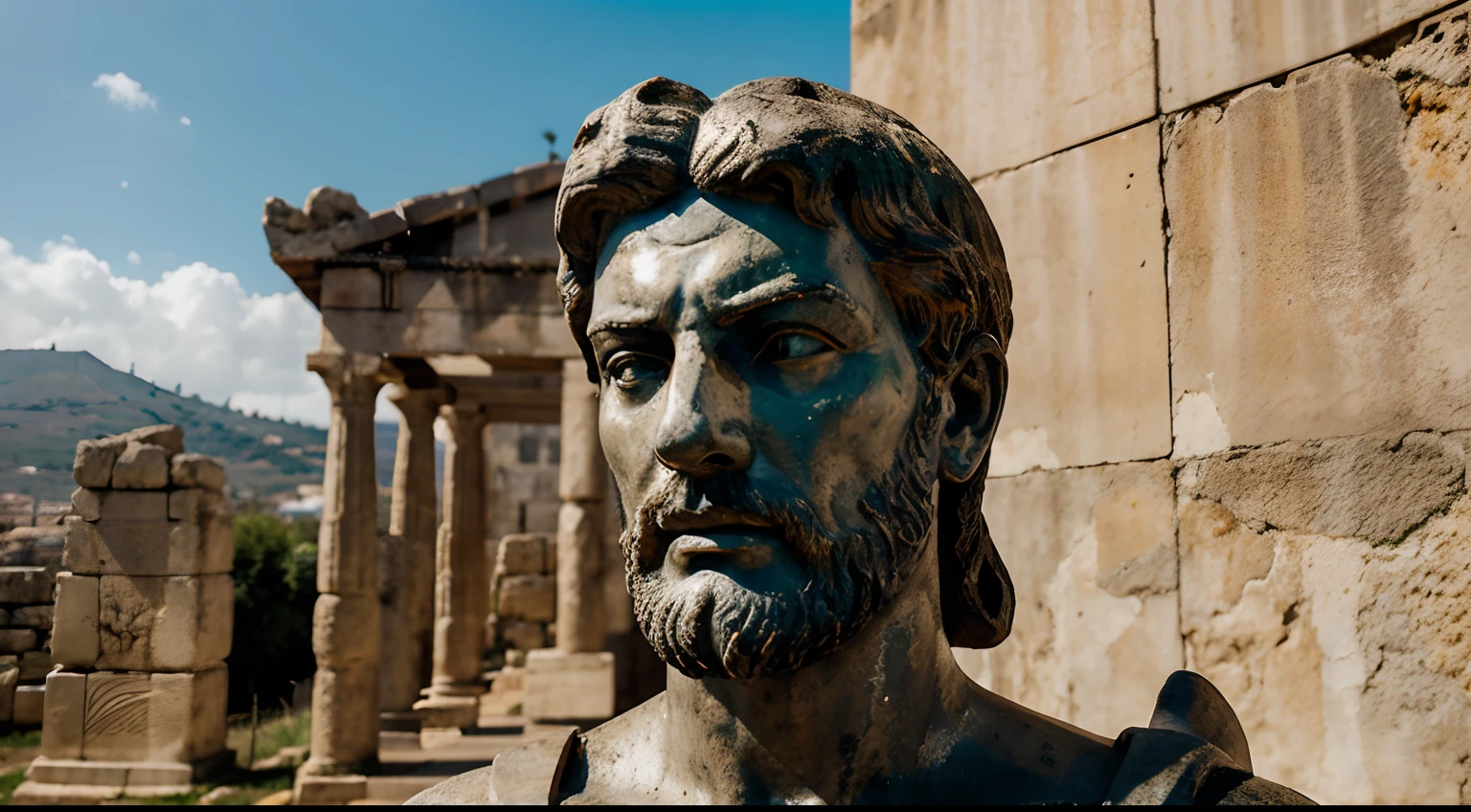 Ancient Stoic Statue With Very Angry Expression, tem barba, muitos detalhes em ambos os olhos, Outside, fundo atenas grego, open sky, com rosto extremamente detalhado full body view, Colors with low saturation with dark tone, Filmado em Sony A7S III com Sony FE 35mm f/1.8, 12.1 MP, --AR 3:2 --estilo cru