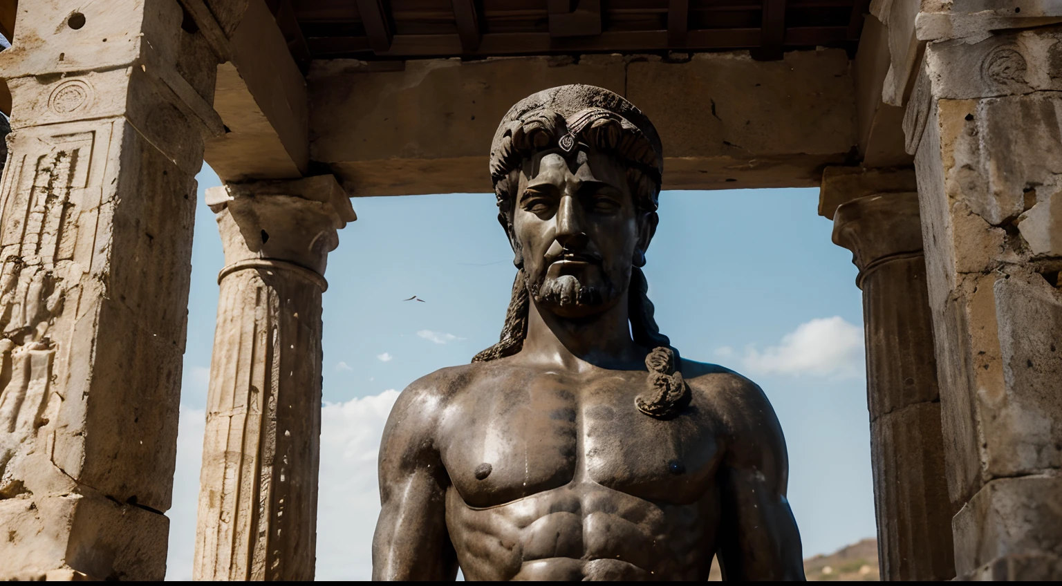 Ancient Stoic Statue With Very Angry Expression, tem barba, muitos detalhes em ambos os olhos, Outside, fundo atenas grego, open sky, com rosto extremamente detalhado full body view, Colors with low saturation with dark tone, Filmado em Sony A7S III com Sony FE 35mm f/1.8, 12.1 MP, --AR 3:2 --estilo cru