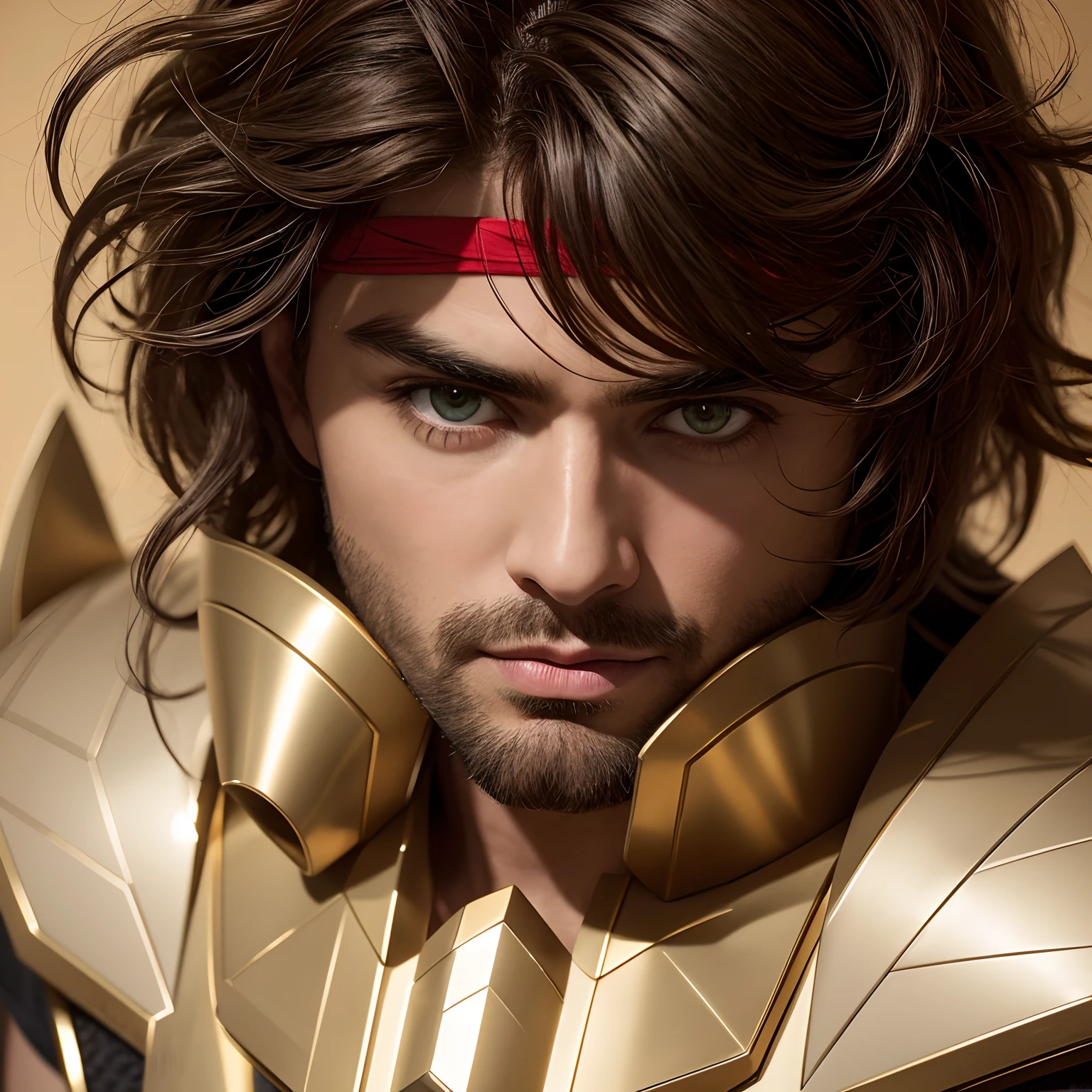 cinemactic, incrivelmente detalhado e ultrarrealista, Sagitarius aiolos de Saint Seiya. Close up. He's wearing a very realistic golden suit of armor. armadura dourada brilhante. Octane is the perfect tool to capture the softest details of this 16k photography masterpiece. He's a handsome Greek man, cerca de 30 anos. 1Homen. beautiful face. rosto detalhado. nariz bonito. (Olhos verdes muito grandes). olhos perfeitos. ((Depilado)). Ele tem cabelos castanhos. cabelos curtos com franja. messy hair. bandana vermelha. masculine traits. ((sem barba)). Bandana vermelho vinho na testa sob franja. Remover Barba.