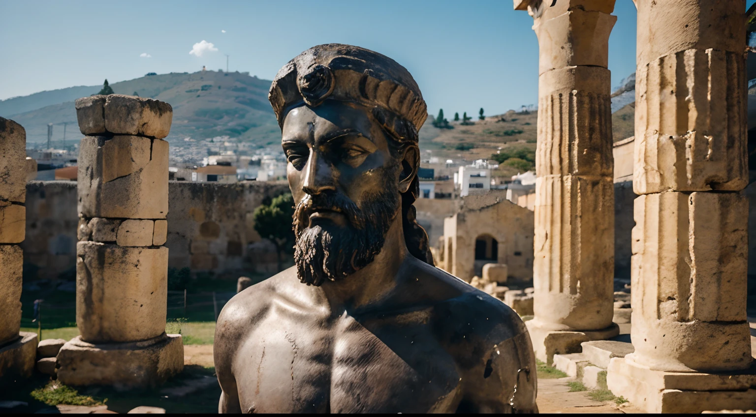 Ancient Stoic Statue With Very Angry Expression, tem barba, muitos detalhes em ambos os olhos, Outside, fundo atenas grego, open sky, com rosto extremamente detalhado full body view, Colors with low saturation with dark tone, Filmado em Sony A7S III com Sony FE 35mm f/1.8, 12.1 MP, --AR 3:2 --estilo cru