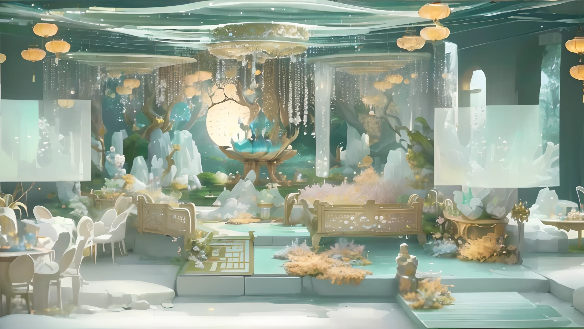 There are a lot of tables and chairs in this room,Lanterns,themoon,Pavilion,Rockery,Lots of decorations, Beautiful rendering of the Tang Dynasty, lavishly decorated, rendering of beauty pageant, a crystalline room, intricate sparkling atmosphere, cyan and gold scheme, Whirlpool Garden, beautiful aesthetic design, Dreamy atmosphere, Ethereal and dreamy theme,
