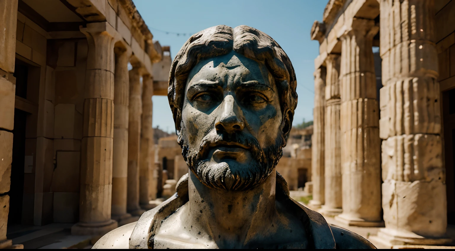 Ancient Stoic Statue With Very Angry Expression, tem barba, muitos detalhes em ambos os olhos, Outside, fundo atenas grego, open sky, com rosto extremamente detalhado full body view, Colors with low saturation with dark tone, Filmado em Sony A7S III com Sony FE 35mm f/1.8, 12.1 MP, --AR 3:2 --estilo cru