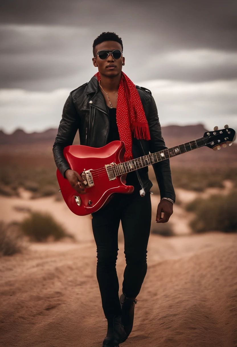 Still American SHOT of a young African-American mestizo mixed-race man wearing red round sunglasses wears a shirtless leather jacket where his abs are seen with a Fender Stratocaster guitar in a desert walking with a red scarf with white dots looking at a card focused on his face, ojos recortados, imagen real. ultra realista, 8k, Mega realista, fondo oscuro, angry expression, Lluvia