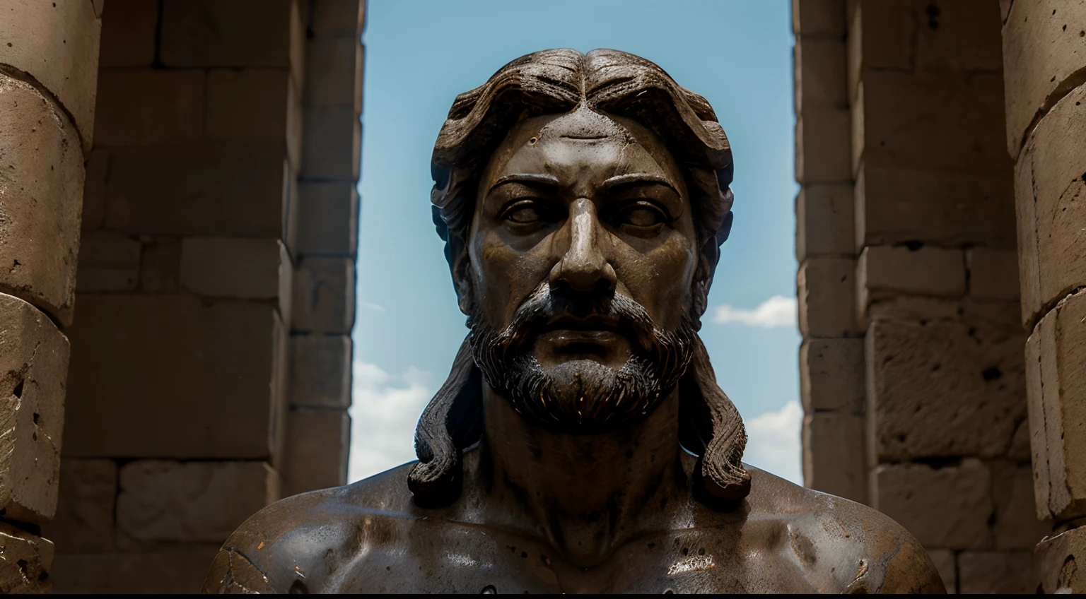 Ancient Stoic Statue With Very Angry Expression, tem barba, muitos detalhes em ambos os olhos, Outside, fundo atenas grego, open sky, com rosto extremamente detalhado full body view, Colors with low saturation with dark tone, Filmado em Sony A7S III com Sony FE 35mm f/1.8, 12.1 MP, --AR 3:2 --estilo cru