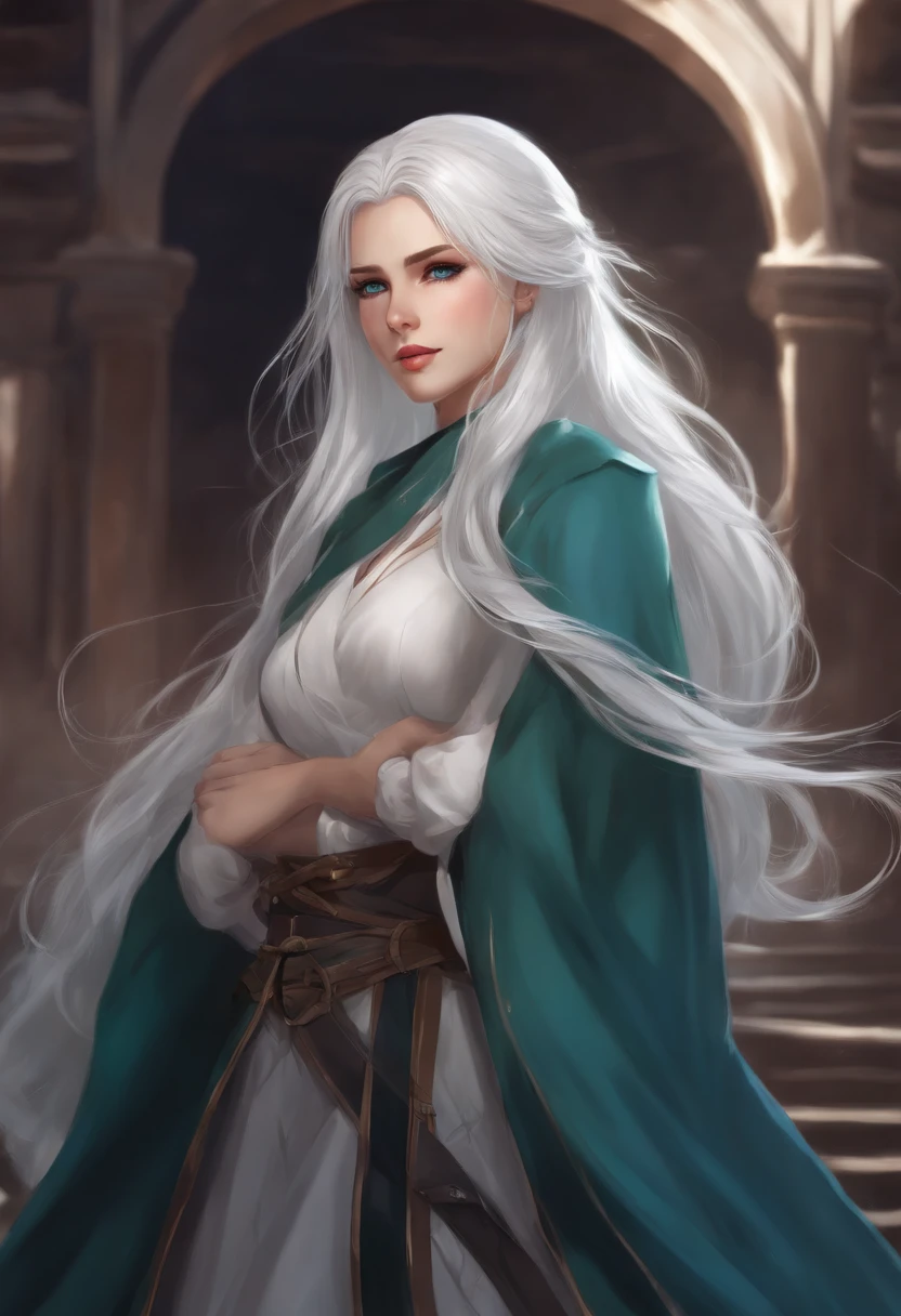 Draw a female protagonist with white hair and blue-green eyes, who has a manga ANIME style and is young.