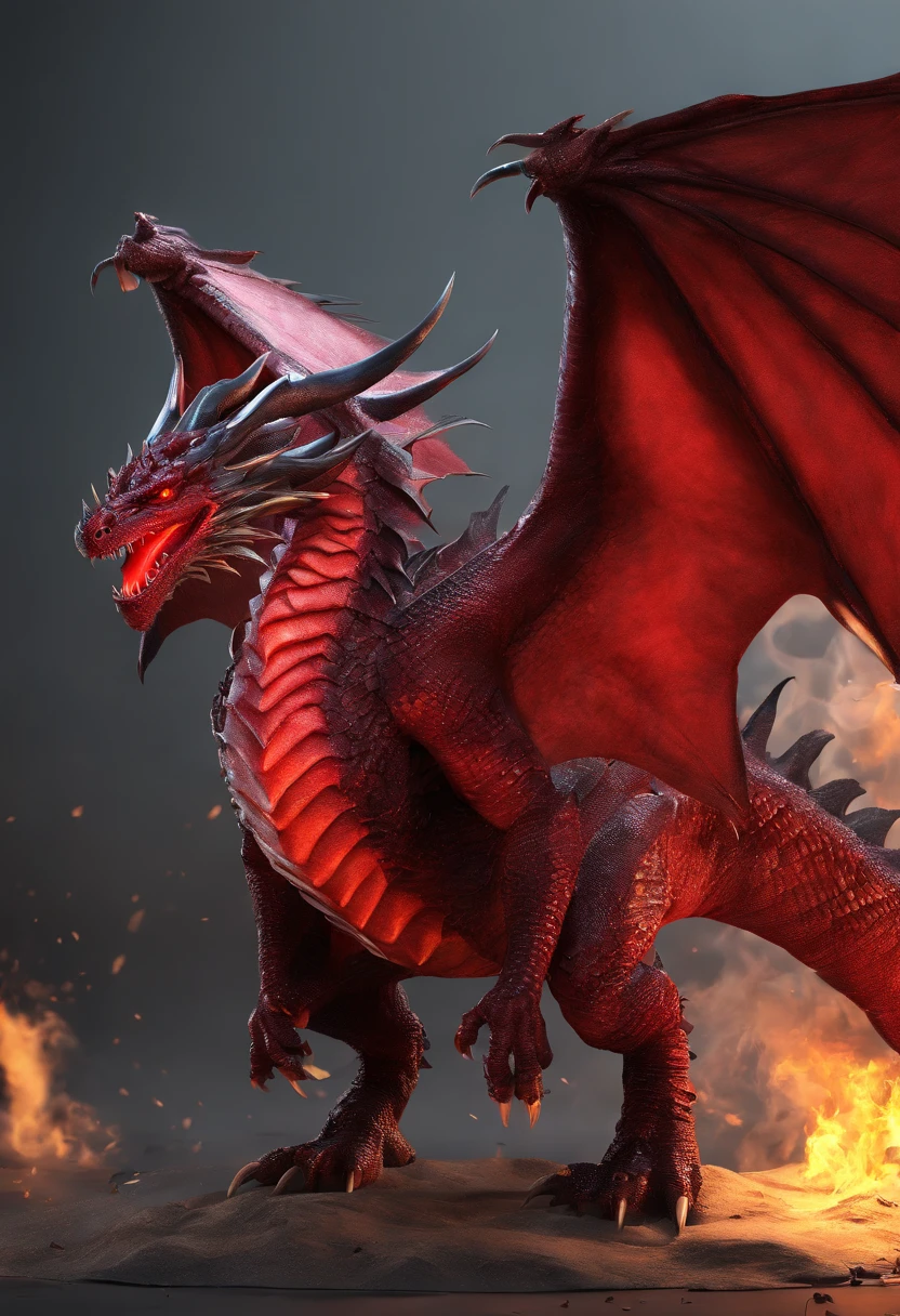 A giant red dragon with seven-headed wings releasing a lot of red lightning and blood storm