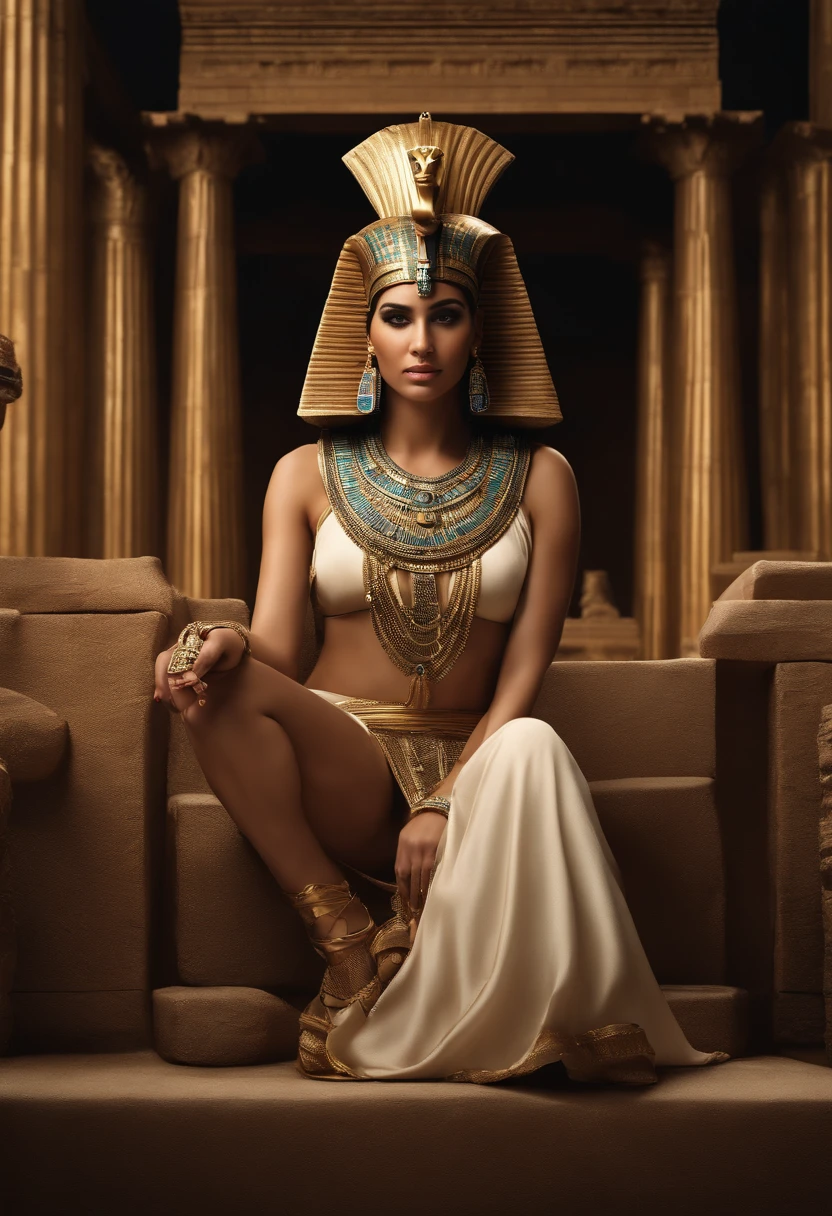 "Create a hyper-realistic, ultra-detailed photograph capturing the essence of Cleopatra, the last Pharaoh of Egypt. Ensure every minute detail, from her regal attire and jewelry to her captivating expression and posture, is rendered with absolute precision. Convey the allure, intelligence, and power that defined Cleopatra's legacy, providing a vivid and historically accurate portrayal of this iconic figure from ancient history."