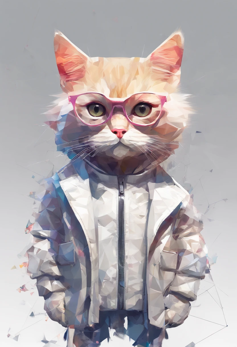 Perfect alignment, Cute cat in jacket，Crystal vases，Rose blossom, Wear sunglasses, Tolerable, standing position, abstract beauty, centered, Looking at the camera, Facing the camera, Near-perfect, Dynamic, highly detaild, silky, Sharp focus, 8K, High-definition resolution, Illustration, art by Carne Griffiths and Wadim Kashin, White background