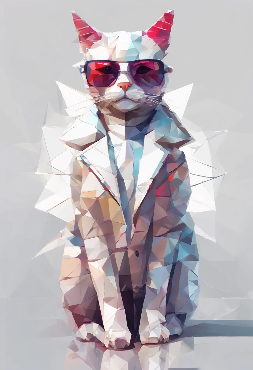 Perfect alignment, Cute cat in jacket，Crystal vases，Rose blossom, Wear sunglasses, Tolerable, standing position, abstract beauty, centered, Looking at the camera, Facing the camera, Near-perfect, Dynamic, highly detaild, silky, Sharp focus, 8K, High-definition resolution, Illustration, art by Carne Griffiths and Wadim Kashin, White background