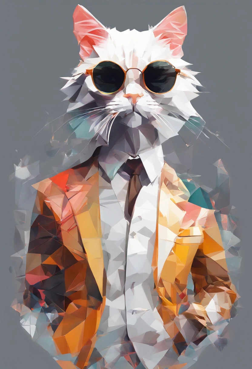 Perfect alignment, Cute cat in jacket，Crystal vases，Rose blossom, Wear sunglasses, Tolerable, standing position, abstract beauty, centered, Looking at the camera, Facing the camera, Near-perfect, Dynamic, highly detaild, silky, Sharp focus, 8K, High-definition resolution, Illustration, art by Carne Griffiths and Wadim Kashin, White background