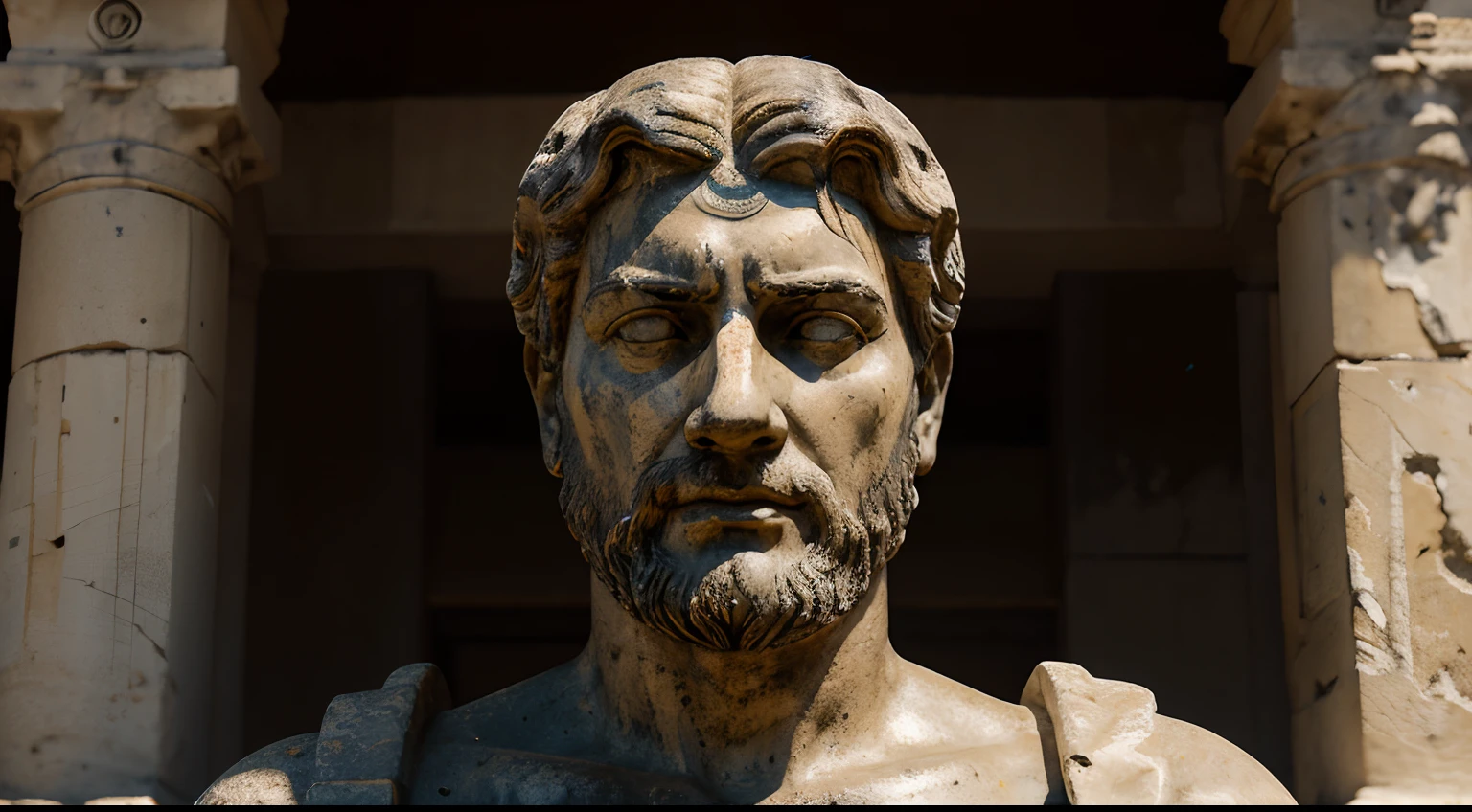 Ancient Stoic Statue With Very Angry Expression, tem barba, muitos detalhes em ambos os olhos, Outside, fundo atenas grego, open sky, com rosto extremamente detalhado full body view, Colors with low saturation with dark tone, Filmado em Sony A7S III com Sony FE 35mm f/1.8, 12.1 MP, --AR 3:2 --estilo cru