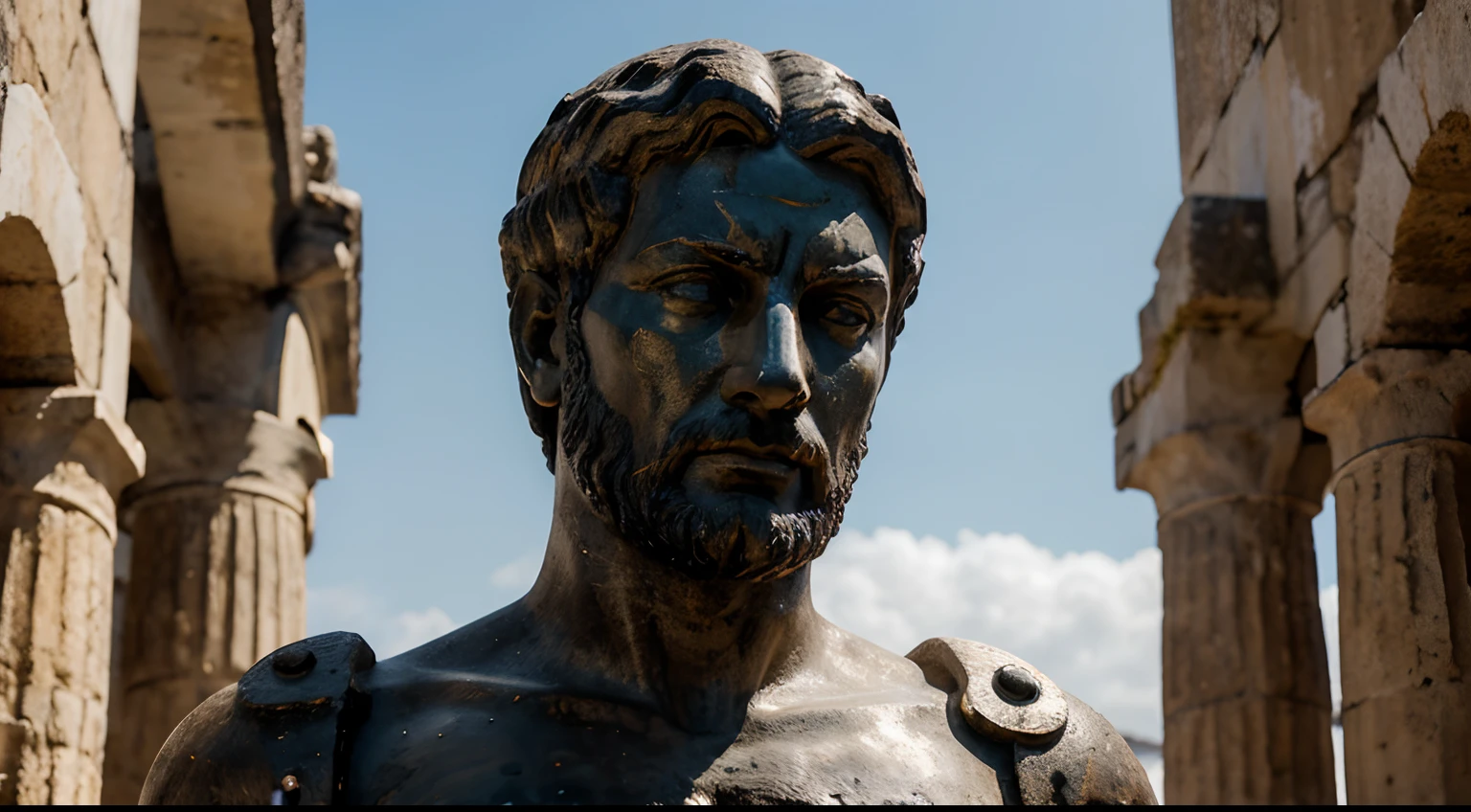 Ancient Stoic Statue With Very Angry Expression, tem barba, muitos detalhes em ambos os olhos, Outside, fundo atenas grego, open sky, com rosto extremamente detalhado full body view, Colors with low saturation with dark tone, Filmado em Sony A7S III com Sony FE 35mm f/1.8, 12.1 MP, --AR 3:2 --estilo cru