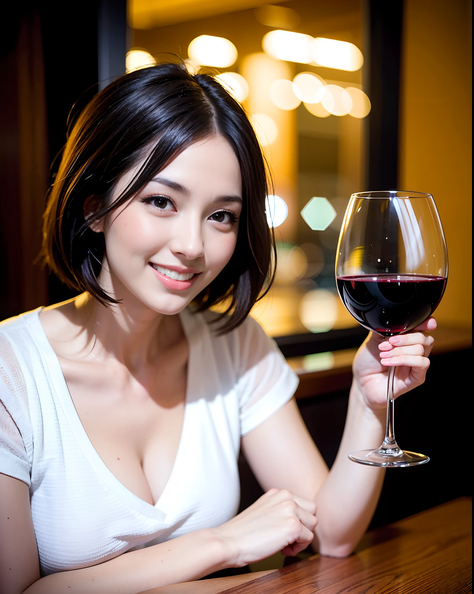 (64K, UHD, top quality, masterpiece: 1.2), (realistic, photorealistic: 1.37), super detailed, pretty woman 1 person, (slim face), (slim body), (brown hair), (short cut), cheeks slightly blushing, (44 years old), 38 years old, solo, beautiful detailed urban night view outside the window, restaurant, wine glasses sit, at night, in a prominent placeNovaFrogStyle, Actress, Model, Waist Up, White Wine, Slim, Wine Glass, Super Clean Night View, Wine Glass Put in the Middle, Happy Smile, (Smile: 1.15), Beautiful Fine Eyes, Upper Body, Bust Japan Up, Night, Short, Short, Actress, Model, Waist Up, White Wine, Slim, Wine Glass, Super Clean Night View, Wine Glass Put in the Middle, Happy Smile,