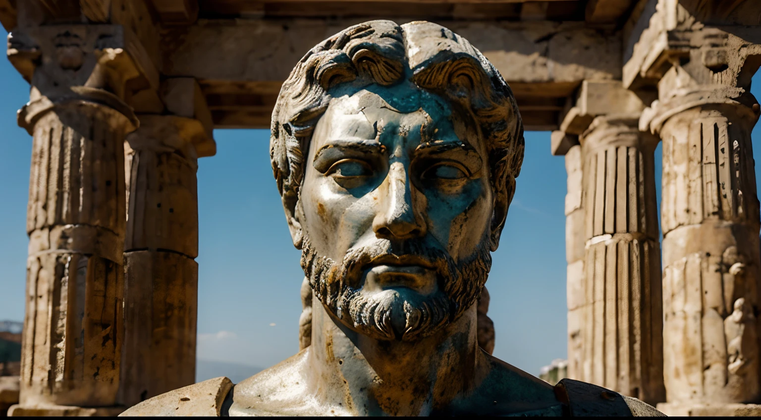 Ancient Stoic Statue With Very Angry Expression, tem barba, muitos detalhes em ambos os olhos, Outside, fundo atenas grego, open sky, com rosto extremamente detalhado full body view, Colors with low saturation with dark tone, Filmado em Sony A7S III com Sony FE 35mm f/1.8, 12.1 MP, --AR 3:2 --estilo cru