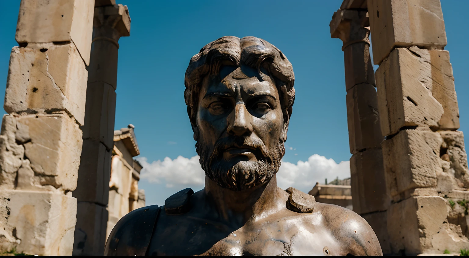 Ancient Stoic Statue With Very Angry Expression, tem barba, muitos detalhes em ambos os olhos, Outside, fundo atenas grego, open sky, com rosto extremamente detalhado full body view, Colors with low saturation with dark tone, Filmado em Sony A7S III com Sony FE 35mm f/1.8, 12.1 MP, --AR 3:2 --estilo cru
