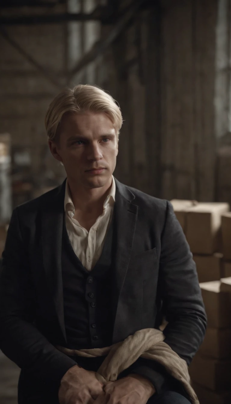 blonde man abducted and tied to a chair in a warehouse, cinematic scene from film