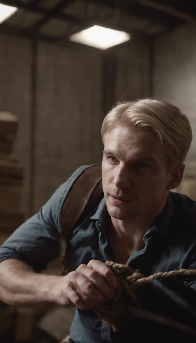 blonde man abducted and tied to a chair in a warehouse, cinematic scene from film