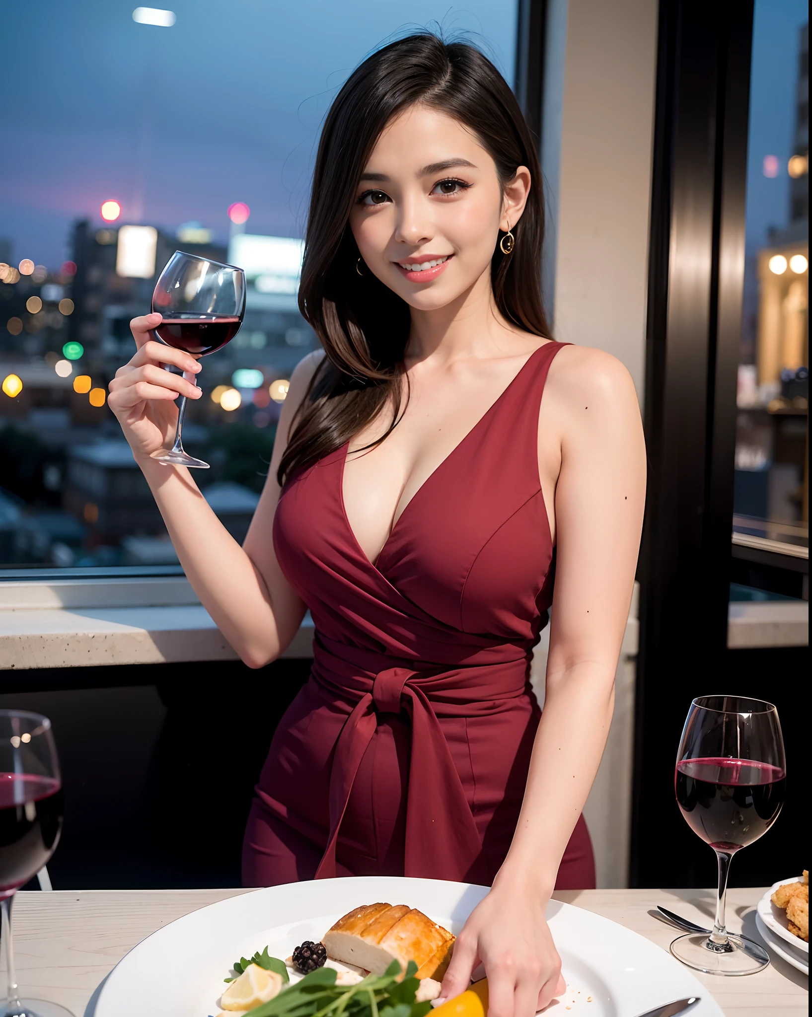 (64K, UHD, top quality, masterpiece: 1.2), (realistic, photorealistic: 1.37), super detailed, pretty woman 1 person, (slim face), (slim body), (brown hair), (short cut), cheeks slightly blushing, (44 years old), 38 years old, solo, beautiful detailed urban night view outside the window, restaurant, wine glasses sit, at night, in a prominent placeNovaFrogStyle, Actress, Model, Waist Up, White Wine, Slim, Wine Glass, Super Clean Night View, Wine Glass Put in the Middle, Happy Smile, (Smile: 1.15), Beautiful Fine Eyes, Upper Body, Bust Japan Up, Night, Short, Short, Actress, Model, Waist Up, White Wine, Slim, Wine Glass, Super Clean Night View, Wine Glass Put in the Middle, Happy Smile,