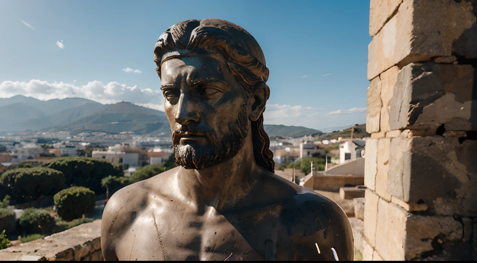 Ancient Stoic Statue With Very Angry Expression, tem barba, muitos detalhes em ambos os olhos, Outside, fundo atenas grego, open sky, com rosto extremamente detalhado full body view, Colors with low saturation with dark tone, Filmado em Sony A7S III com Sony FE 35mm f/1.8, 12.1 MP, --AR 3:2 --estilo cru