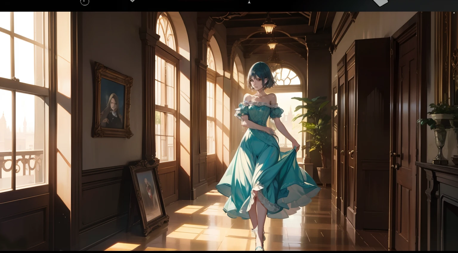 oil painting, raita style, beautiful princess, walking through A TOWN, MASTERPIECE, DETAIL VIDEO GAME SCREEN SHOOT,