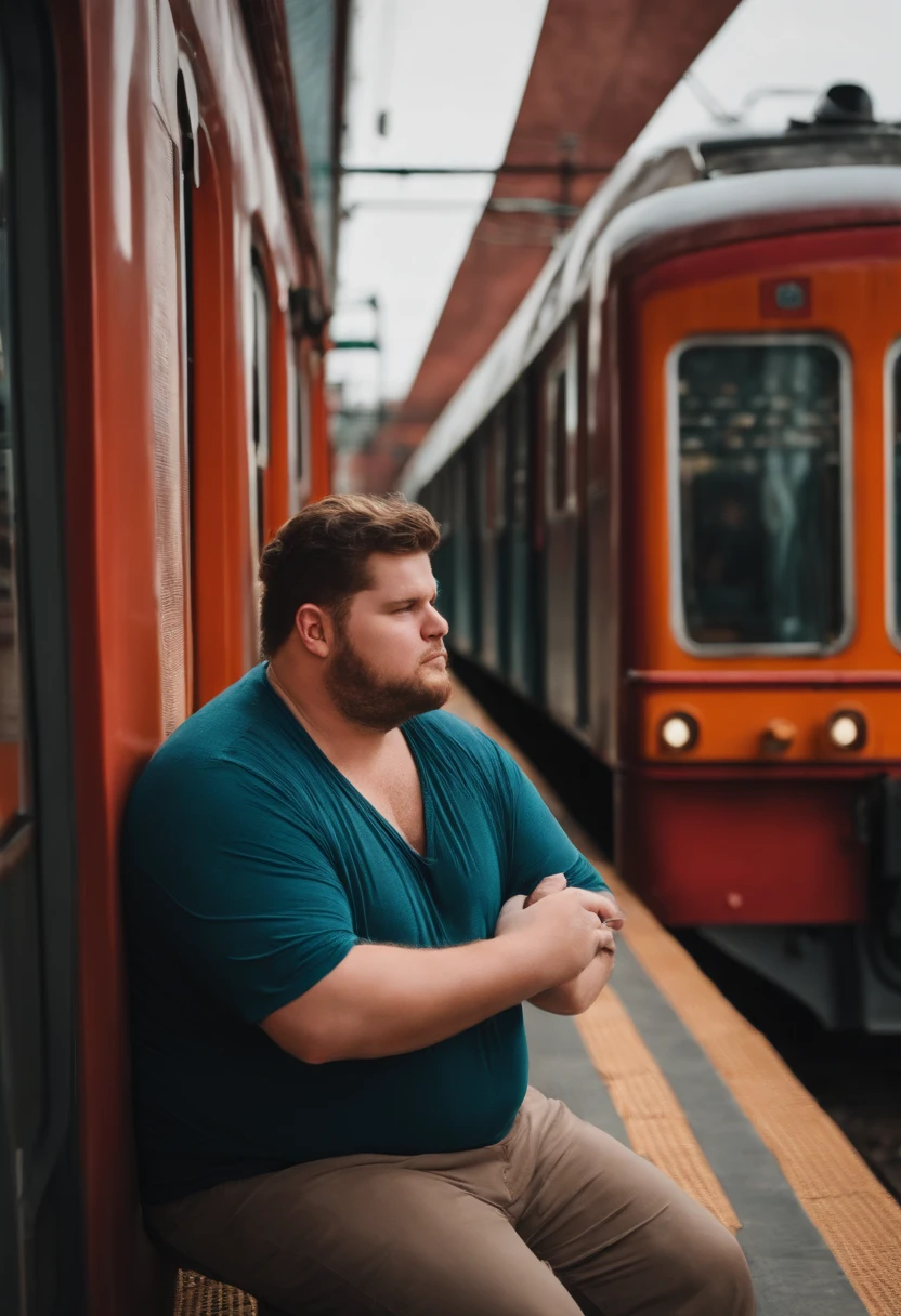 Obese guy with his brand beer debow sitting in front of a train station
