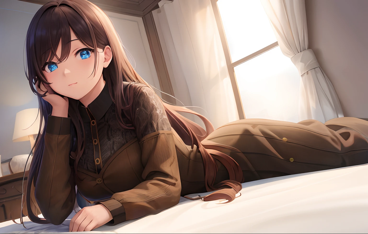 masterpiece, best quality, ultra-detailed, illustration, warm lighting, bright colors, 1girl,solo,blue_eyes, brown_hair, long_hair, bangs, swept_bangs, full body,