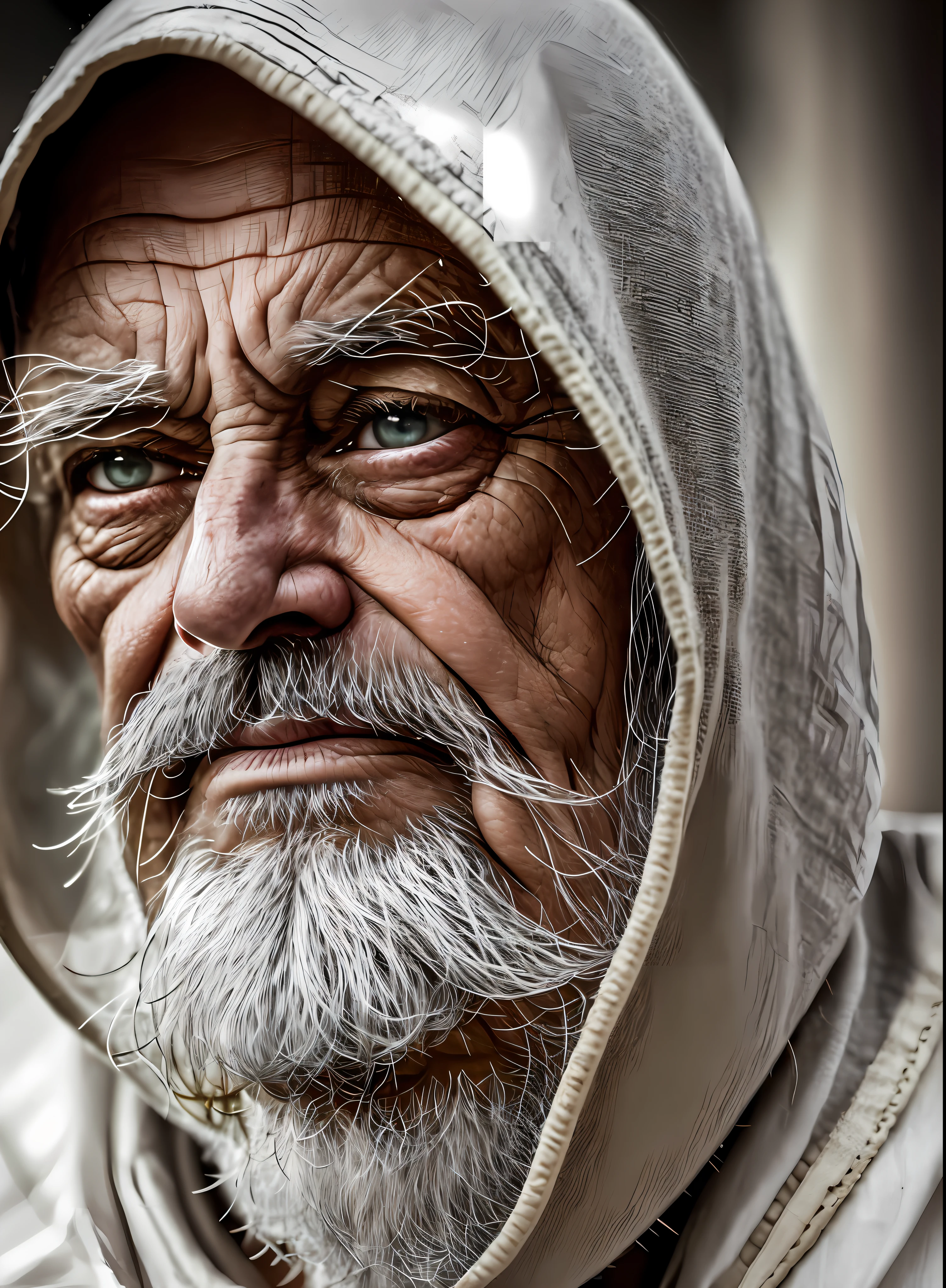 An epic close up portrait of elderly intense sinister eyes, and nose with long white beard, framed with a faded ancient tattered white linen hood, reflecting gold sparks in the irises of the eyes, white eyebrows, at night, dramatic lighting, high contrast, highest definition, hyperrealism, hyperrealistic, photorealistic, high resolution, hdr photography, 8k --auto --s2