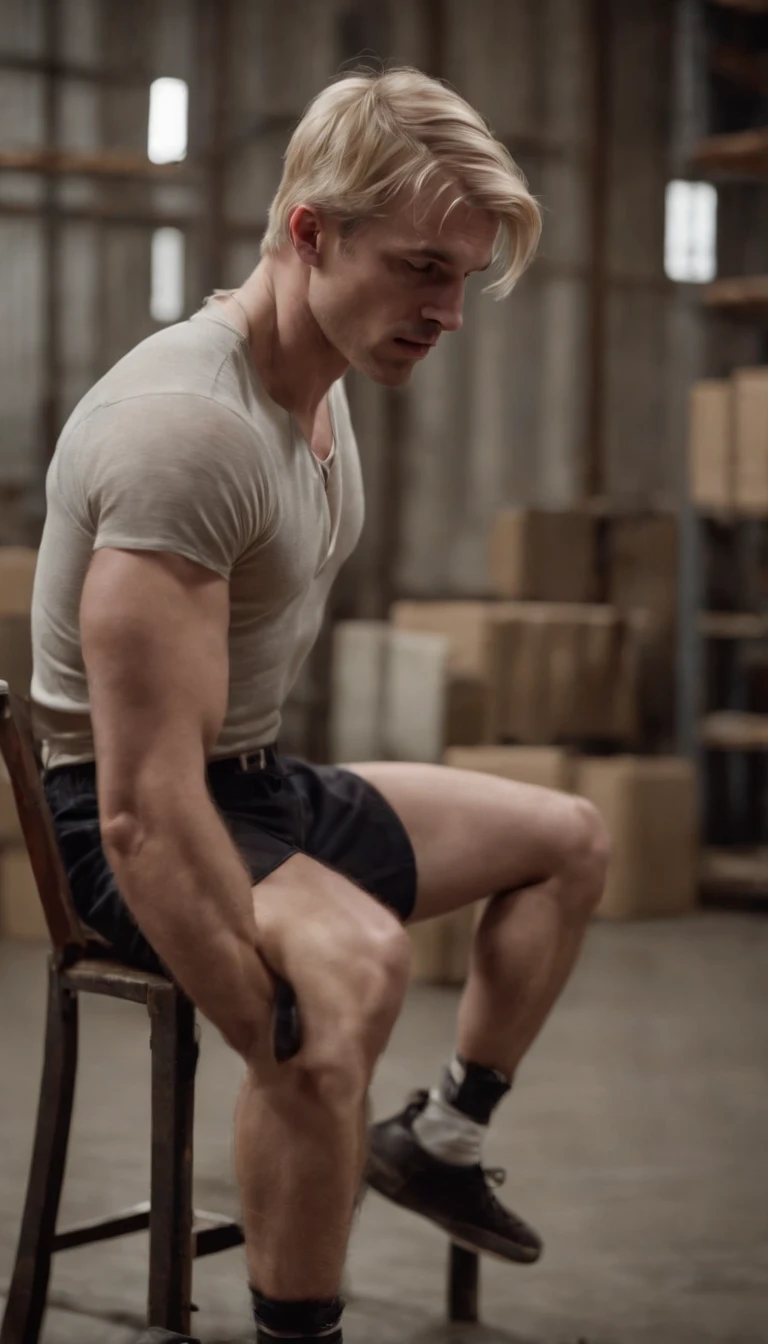 blonde man abducted wearing boxer shorts, tied with ropes to a chair in a warehouse, cinematic scene from film