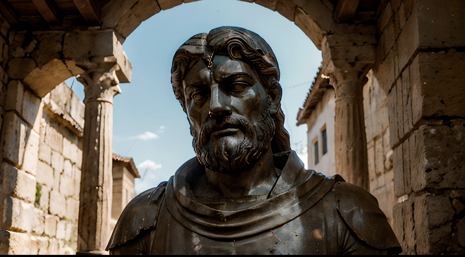 Ancient Stoic Statue With Very Angry Expression, tem barba, muitos detalhes em ambos os olhos, Outside, fundo atenas grego, open sky, com rosto extremamente detalhado full body view, Colors with low saturation with dark tone, Filmado em Sony A7S III com Sony FE 35mm f/1.8, 12.1 MP, --AR 3:2 --estilo cru