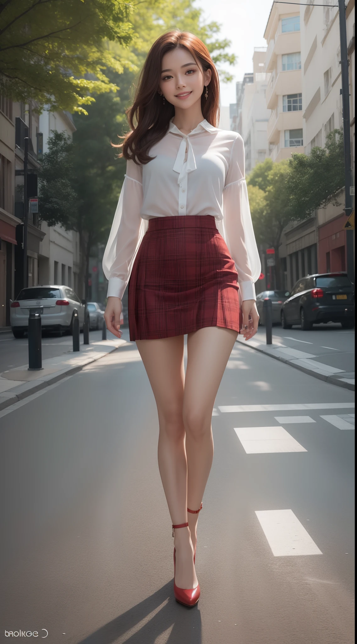 8k, masterpiece, RAW photo, best quality, photorealistic, extremely detailed CG unity 8k wallpaper, Depth of field, Cinematic Light, Lens Flare, Ray tracing, (extremely beautiful face, beautiful lips, beautiful eyes), intricate detail face, ((ultra detailed skin)) 1girl, in the dark, deep shadow, pretty asian girl, 1 girl, (very slim slender fit-muscled body:1.3), ((looking at viewer)),(big smile:1.3), (short skirt ), (red mini skirt ),clear eyes, walking , front shot, (pale skin), (big eyes), face forward, (red shirt), (brown hairs), ((laced blouse)),,(looking at viewer:1.3) very slim, medium breasts, (camel toe), laced black stockings, street, buildings, tree, sunny, (plaid skirt), (high heels), full body shot