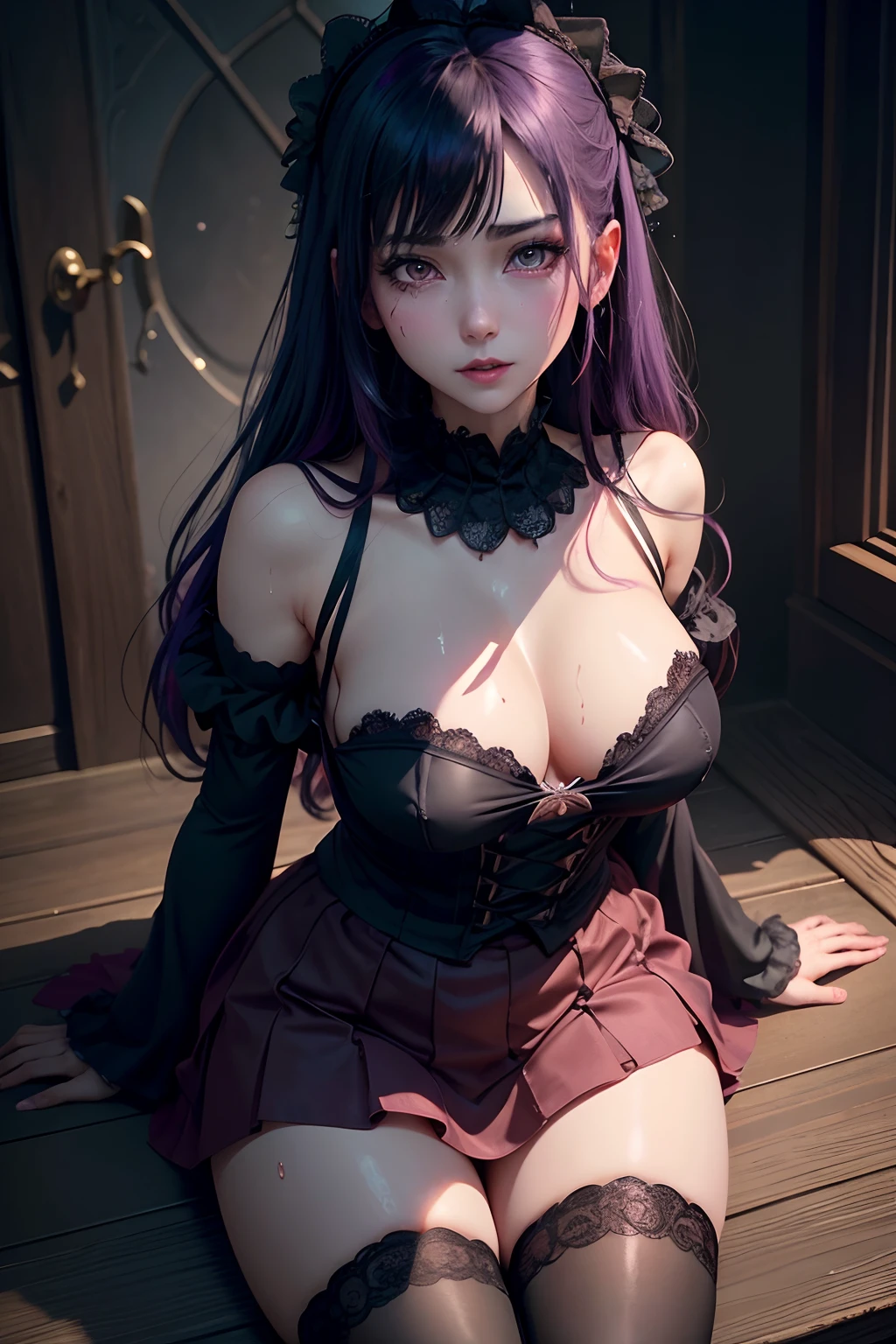 Fornication、Hard Dark Gothic Makeup、Maniacal、Deep night sky、horor、Black Dark Eyeshadow、slaves、crying how bright、mourn、Sad songs、Good skin luster、Lace pink、Long hair straight hair、Dark Gothic Makeup、Dark smile、Restless Palace、Expressions of sexual arousal、Fragrant beauty、age19、carriage、Lying、seductiv、Strong sexual pleasure facial expressions、A look of shame、Dark Gothic、Gothic Long Dress、Gothic ta、masturbation、bell sleeves、Wizard Sleeve、Obscene look、Stained glass background、masutepiece、Best Quality、Ultra-detailed、Refers to 5 books、Sweat glitters on my chest、Glitter of sweat on your face、Expression of sexual pleasure in anguish、Drunken face、maid clothes、Nasty Woman、Mysterious、noble、Face holding back the toilet、Goth lolithes、Black pretend skirt、View from above、the body is wet and shiny、Transcendent sex appeal、sexy  pose、Nasty poses、Face of fiery body、sloppily open your legs、Sweating profusely、Glitter on the thighs、I'm sweating a lot、a little slender、Breast Size Medium、cross one's legs、Affectionate smile、twin-tail hair、Bright purple hair、Slender system、
