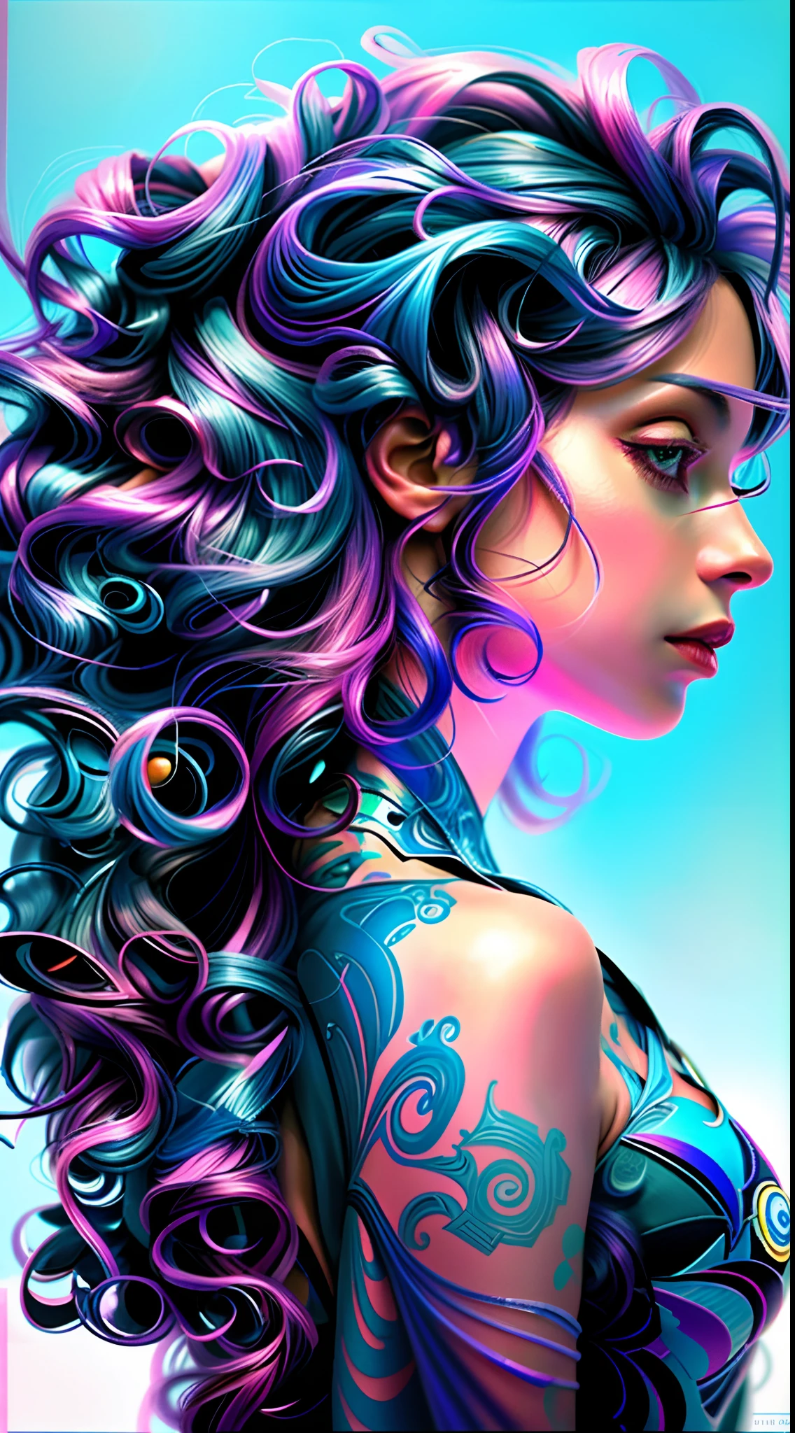 um close up de uma mulher com cabelo roxo e tatuagens, lindo arte digital, linda arte digital linda, bela arte digital, bela arte digital, stunning digital illustration, Beautiful digital illustration, arte digital muito bonita, lindo pintura digital, arte digital impressionante, Arte digital alucinante, arte de fantasia digital colorida, arte digital fantasia arte, Grande arte digital com detalhes
