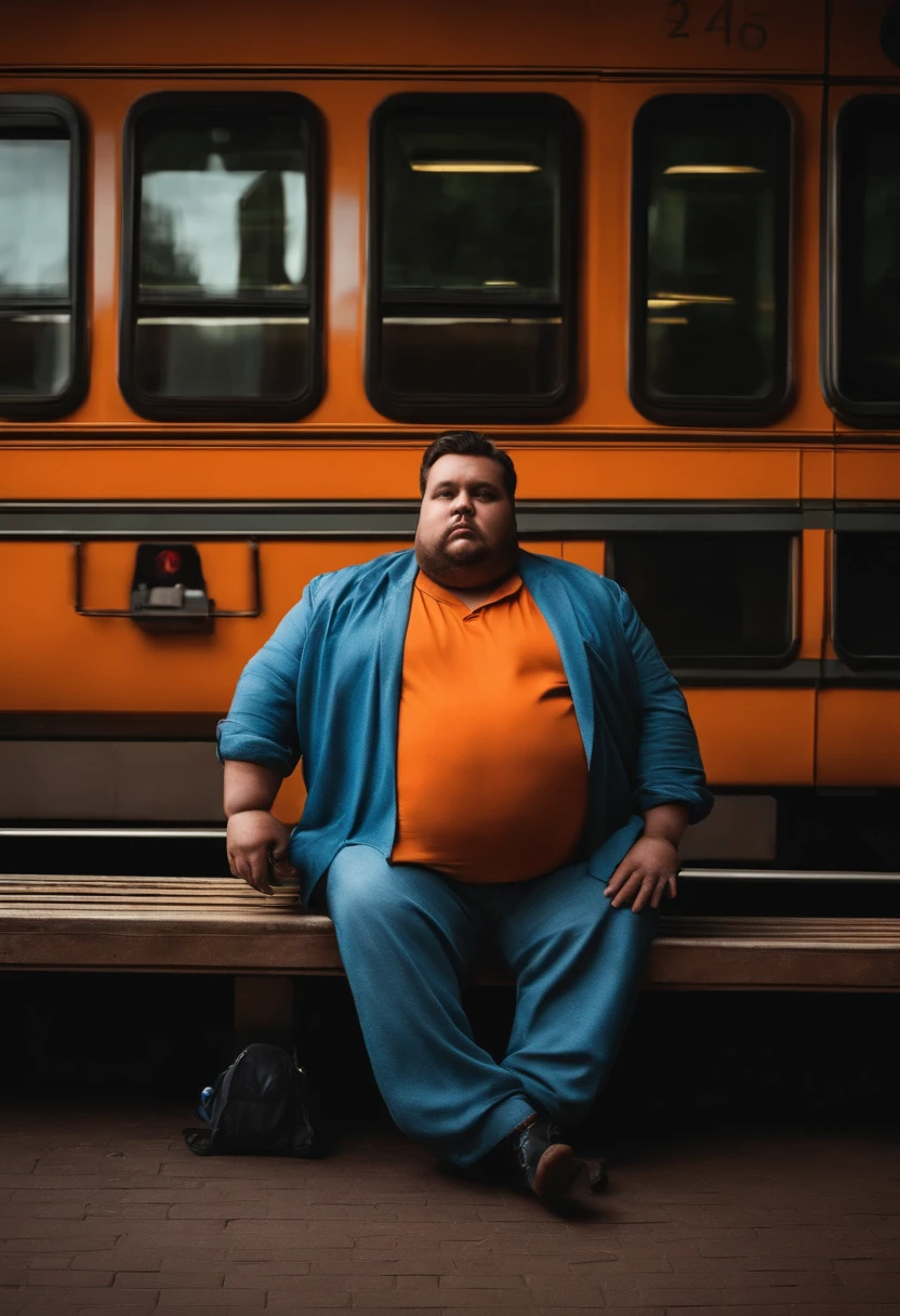 An obese but not too obese guy with alcohol sitting in front of a train station