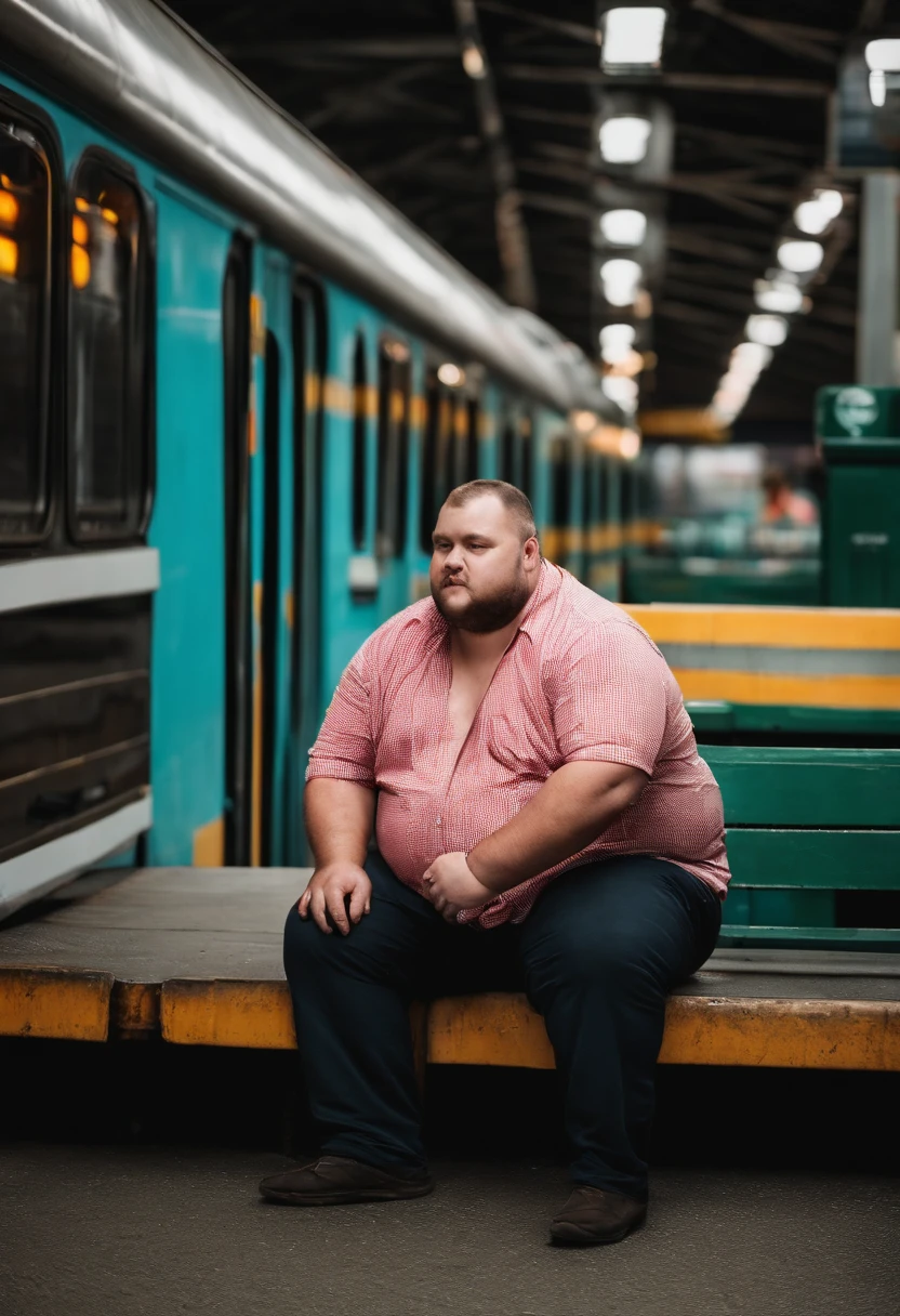 An obese but not too obese guy with alcohol sitting in front of a train station