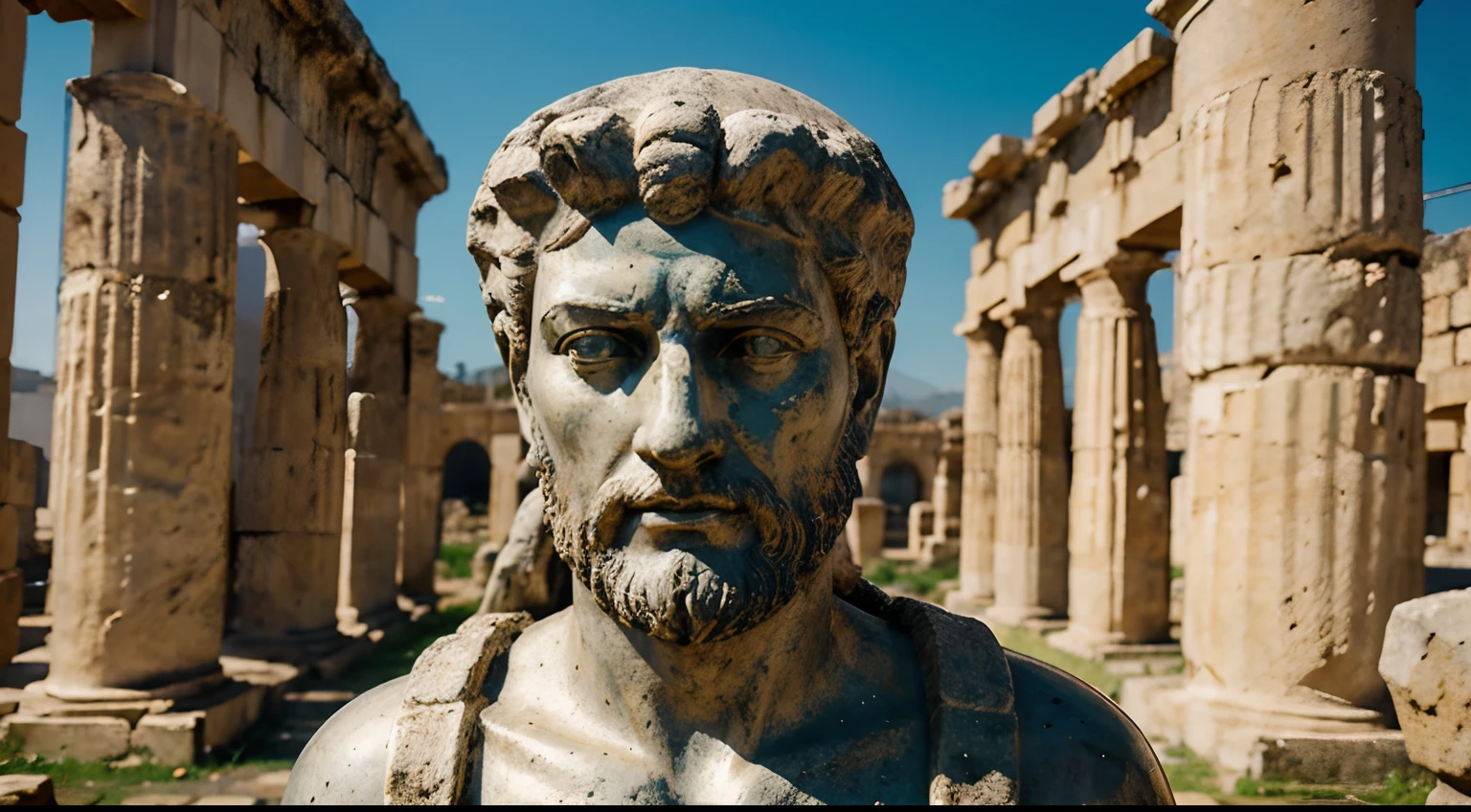 Ancient Stoic Statue With Very Angry Expression, tem barba, muitos detalhes em ambos os olhos, Outside, fundo atenas grego, open sky, com rosto extremamente detalhado full body view, Colors with low saturation with dark tone, Filmado em Sony A7S III com Sony FE 35mm f/1.8, 12.1 MP, --AR 3:2 --estilo cru