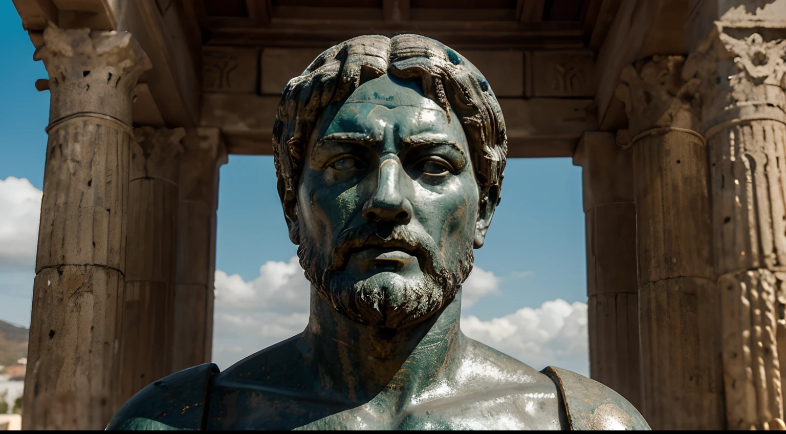 Ancient Stoic Statue With Very Angry Expression, tem barba, muitos detalhes em ambos os olhos, Outside, fundo atenas grego, open sky, com rosto extremamente detalhado full body view, Colors with low saturation with dark tone, Filmado em Sony A7S III com Sony FE 35mm f/1.8, 12.1 MP, --AR 3:2 --estilo cru