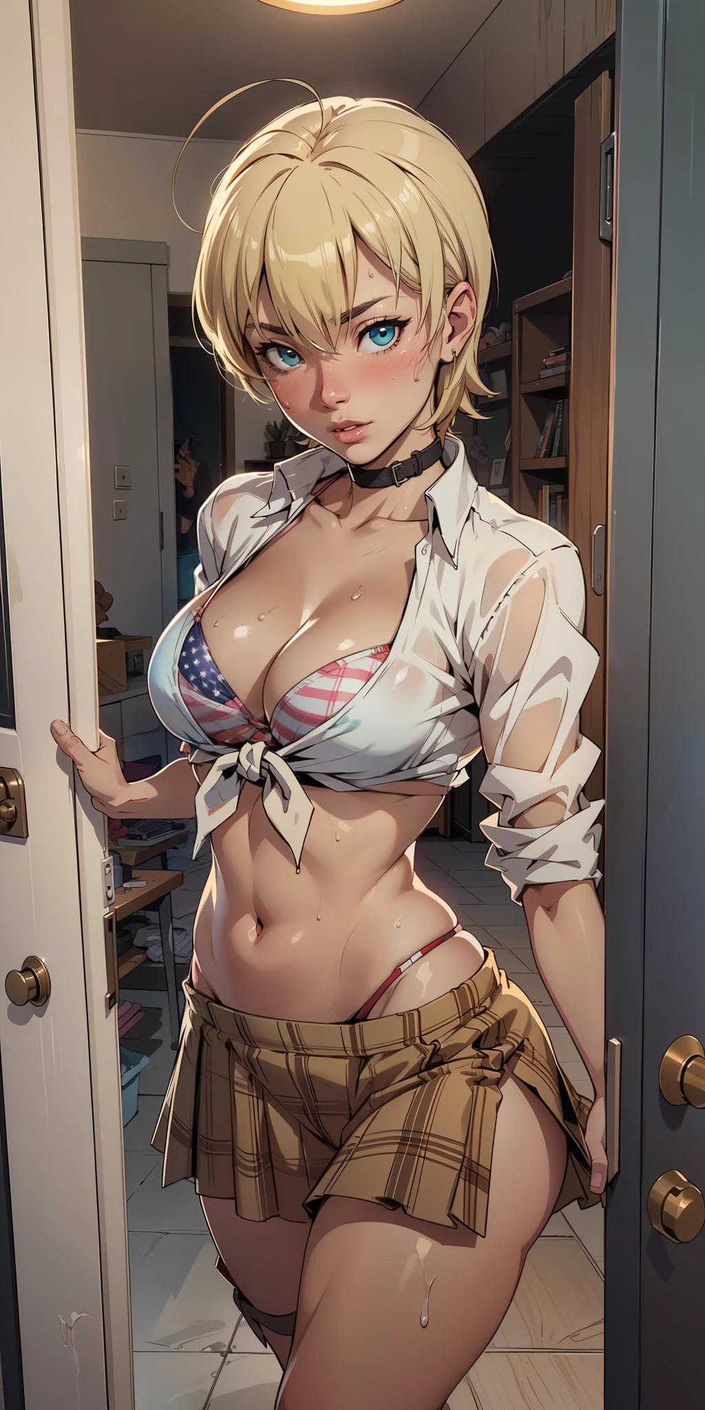 Hyper realistic super detailed sexy Mito Ikumi , Very detailed, expressions faciales sexy, seductive facial expressions, [:(Face detail: 1.4): 0.4], 16K resolution, 4k resolution, dinamic lighting, High definition resolution, (hyper realistic: 1.4),(contrasting background: 1.5), (Anatomy of the hyperrealistic arm), (Hyperrealistic anatomy of the legs), (peau propre), (lighting cinematic: 1.7), (intime), (Technologie NVIDIA RTX Ray Tracing), (Anatomy of the hyperrealistic arm: 2), (Ventre plat parfait), (image couleur), Mito Ikumi  ,breasts, cleavage, blush, medium breasts, open door, pov doorway, opening door, door, doorway, bangs, looking at viewer, collarbone, phone, solo focus, indoors, sweat, pov, no bra, cellphone, Mito Ikumi, dark skin, blonde hair, ahoge, green eyes, blue eyes, american flag bikini, plaid skirt, collar, bikini top only, tied shirt