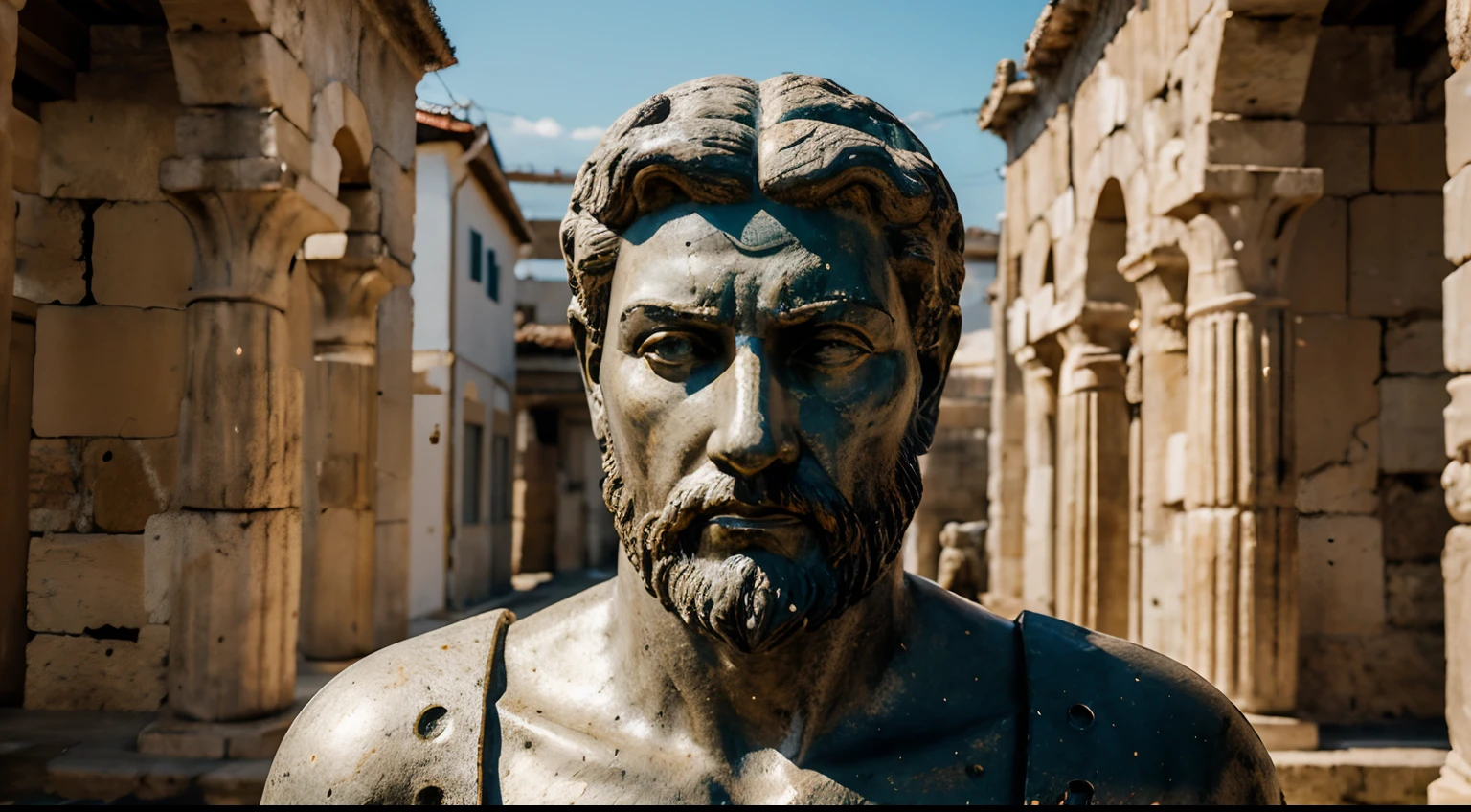 Ancient Stoic Statue With Very Angry Expression, tem barba, muitos detalhes em ambos os olhos, Outside, fundo atenas grego, open sky, com rosto extremamente detalhado full body view, Colors with low saturation with dark tone, Filmado em Sony A7S III com Sony FE 35mm f/1.8, 12.1 MP, --AR 3:2 --estilo cru